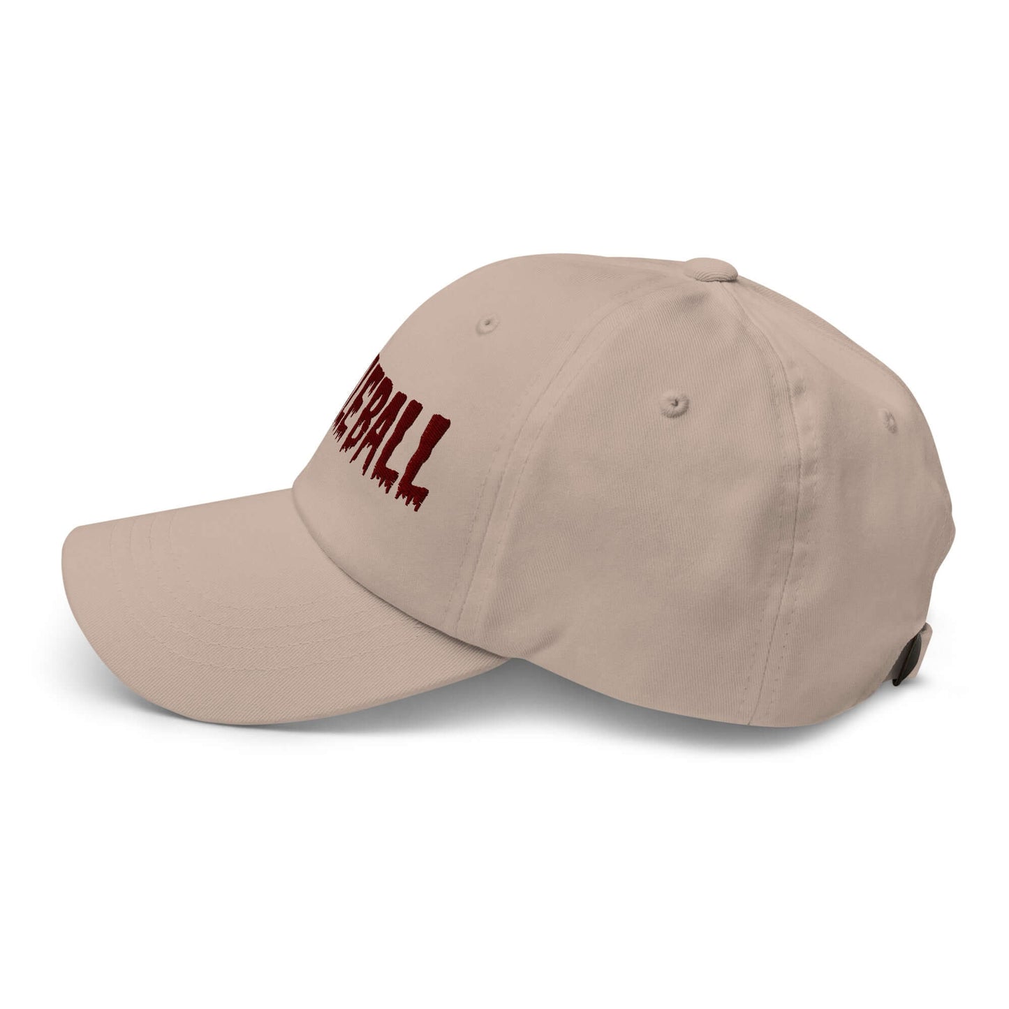 Haunted Pickleball Spirit Hat with maroon font on chino cotton twill, eerie dad/baseball cap for stylish pickleball enthusiasts.