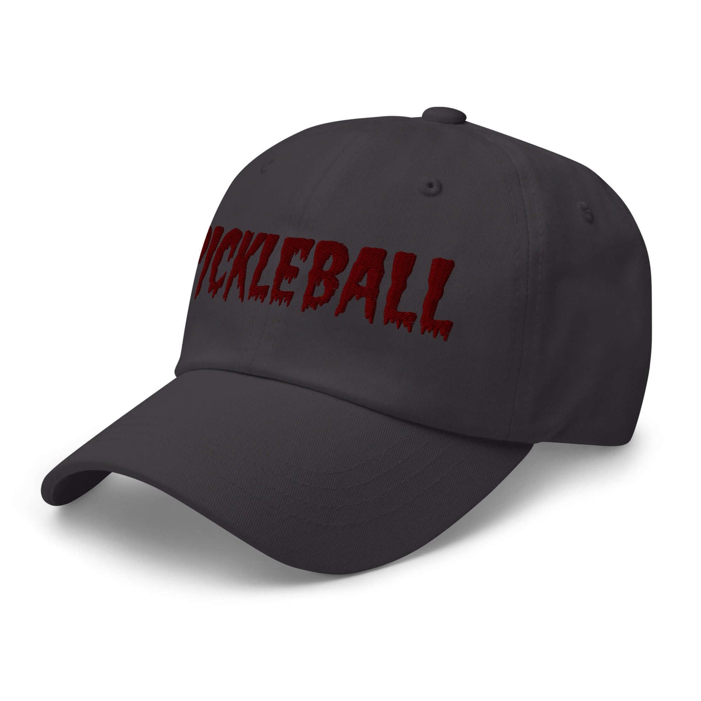 Haunted Pickleball Spirit Hat with spooky maroon embroidery on black cap, perfect for eerie style on the pickleball court.