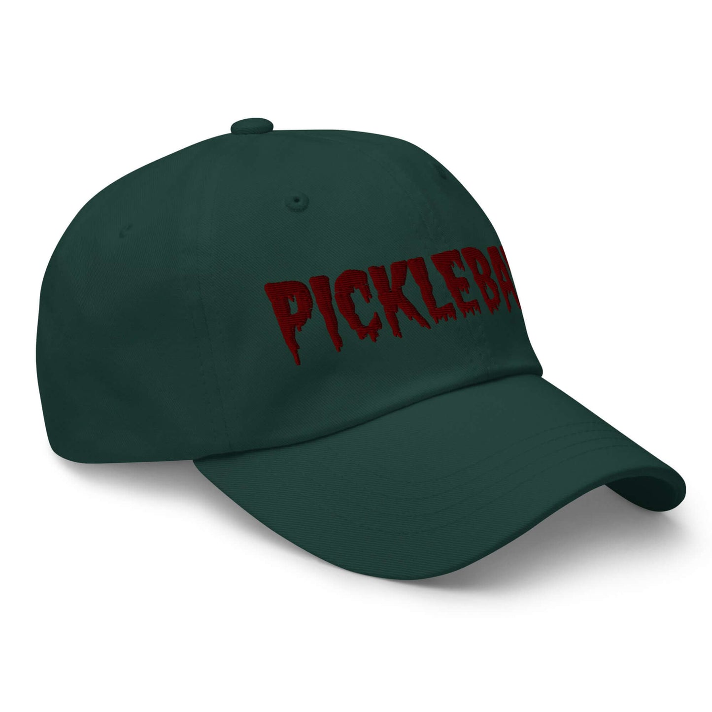 Haunted Pickleball Spirit Hat with eerie maroon embroidered font on dark green cotton twill for spooky style on the court.
