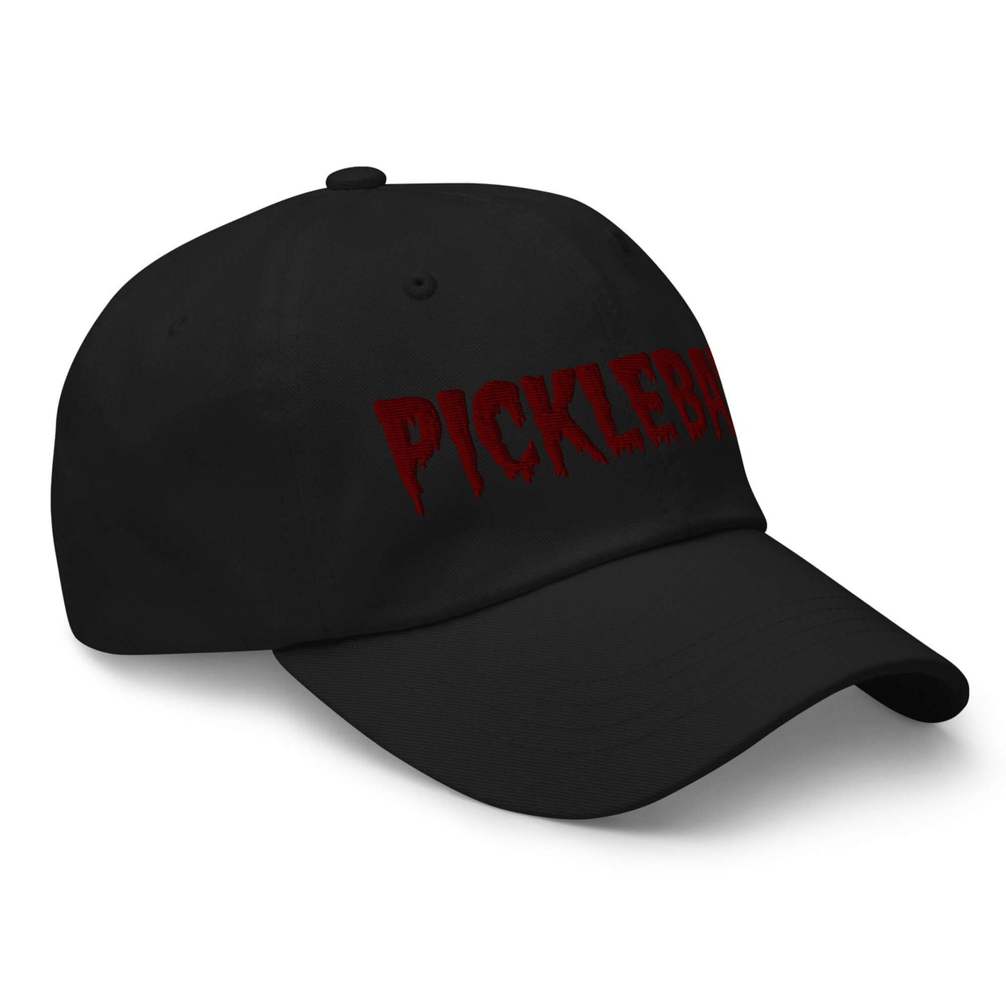 Black Haunted Pickleball Spirit Hat with maroon embroidery on the front, perfect for an eerie style on the court.
