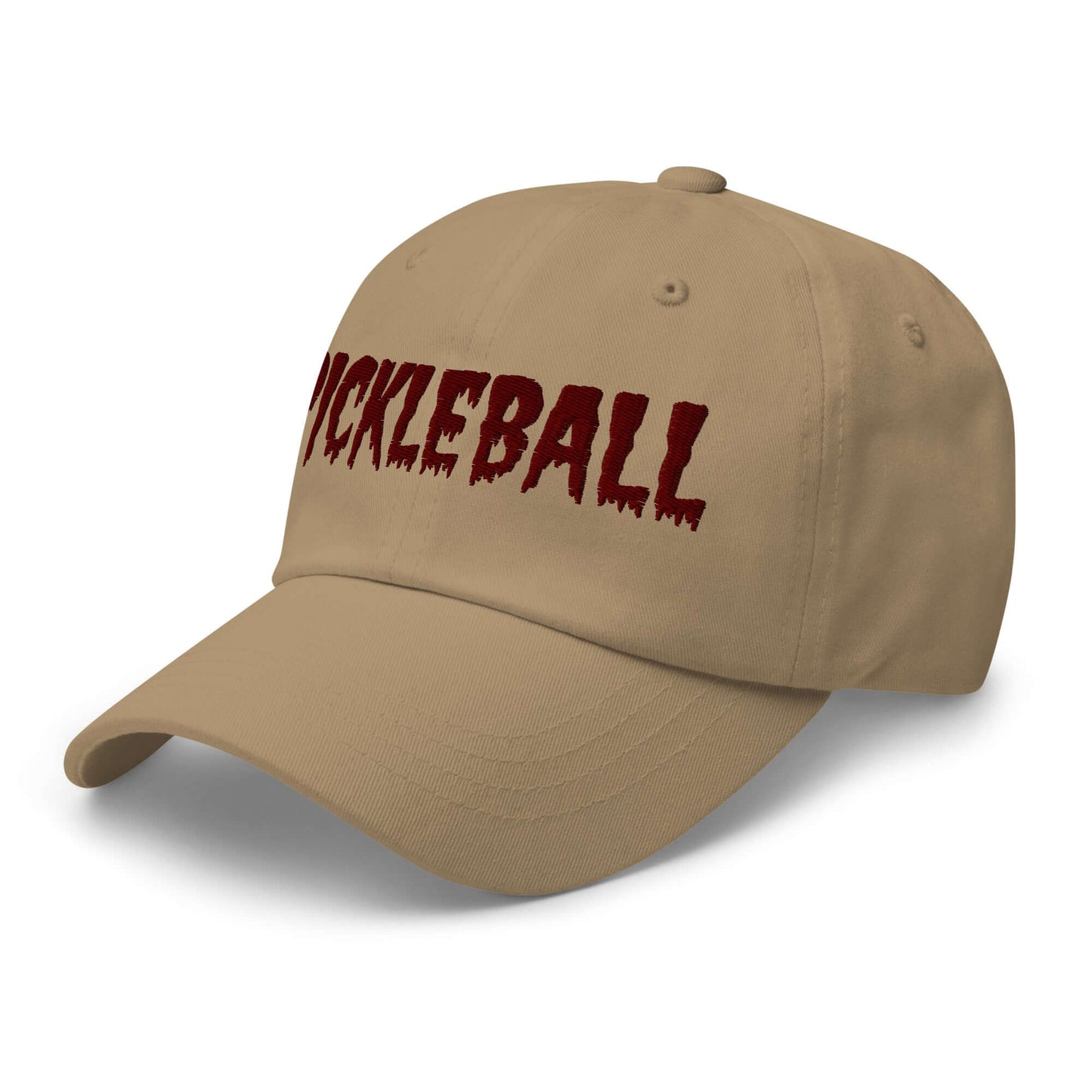 Haunted Pickleball Spirit Hat with maroon spooky font on chino cotton twill, perfect for eerie style on the court.