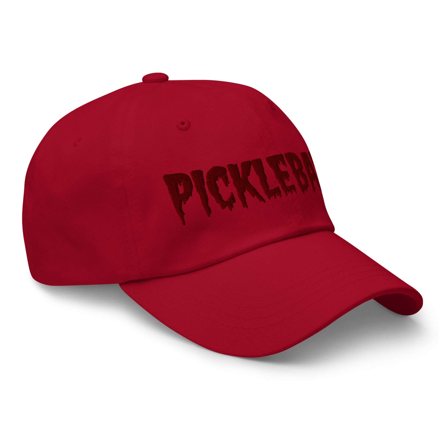 Eerie red haunted pickleball hat with maroon embroidered lettering featuring spooky style, perfect for stylish court enthusiasts.