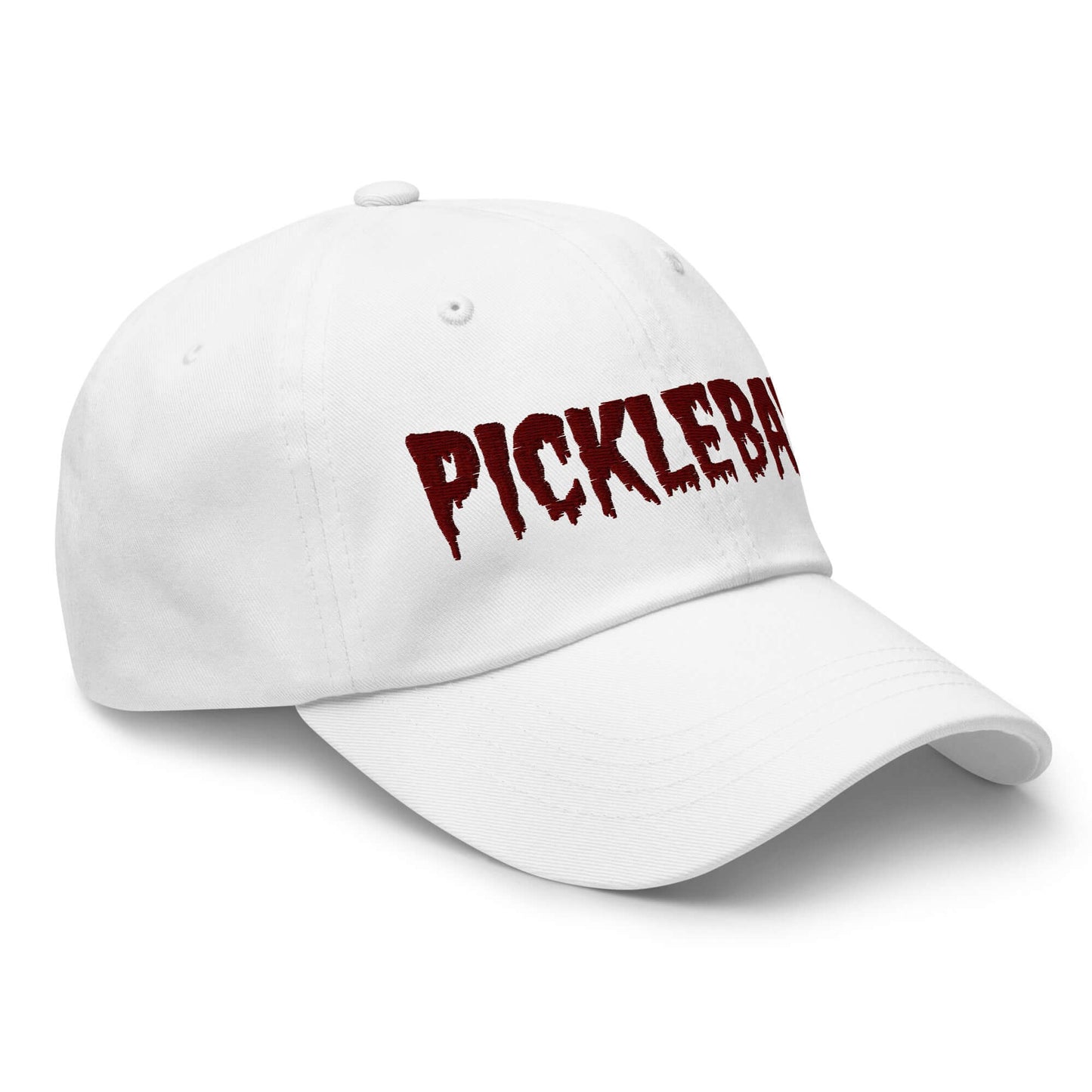 Haunted pickleball hat with maroon spooky font, eerie style for the court, 100% chino cotton twill baseball cap.