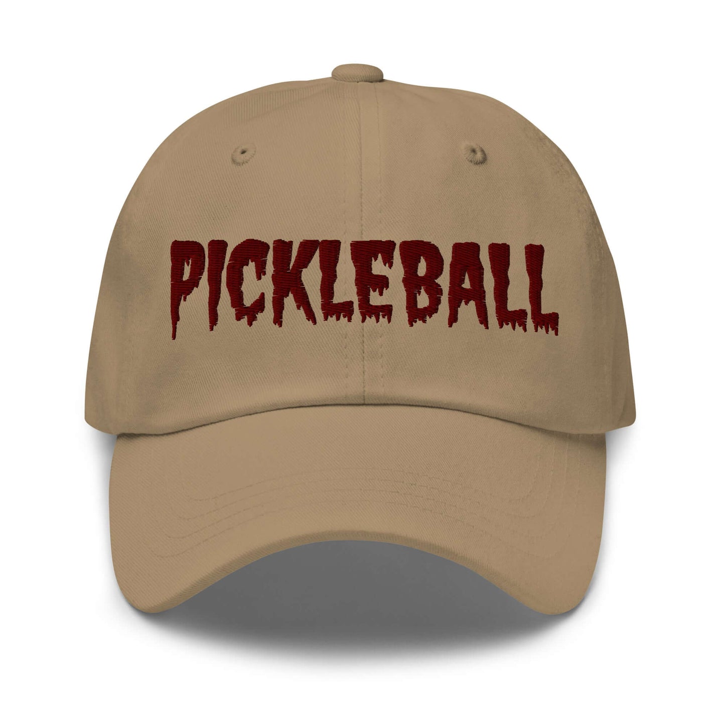 Haunted Pickleball Spirit Hat with maroon embroidered text on a chino cotton twill baseball cap.