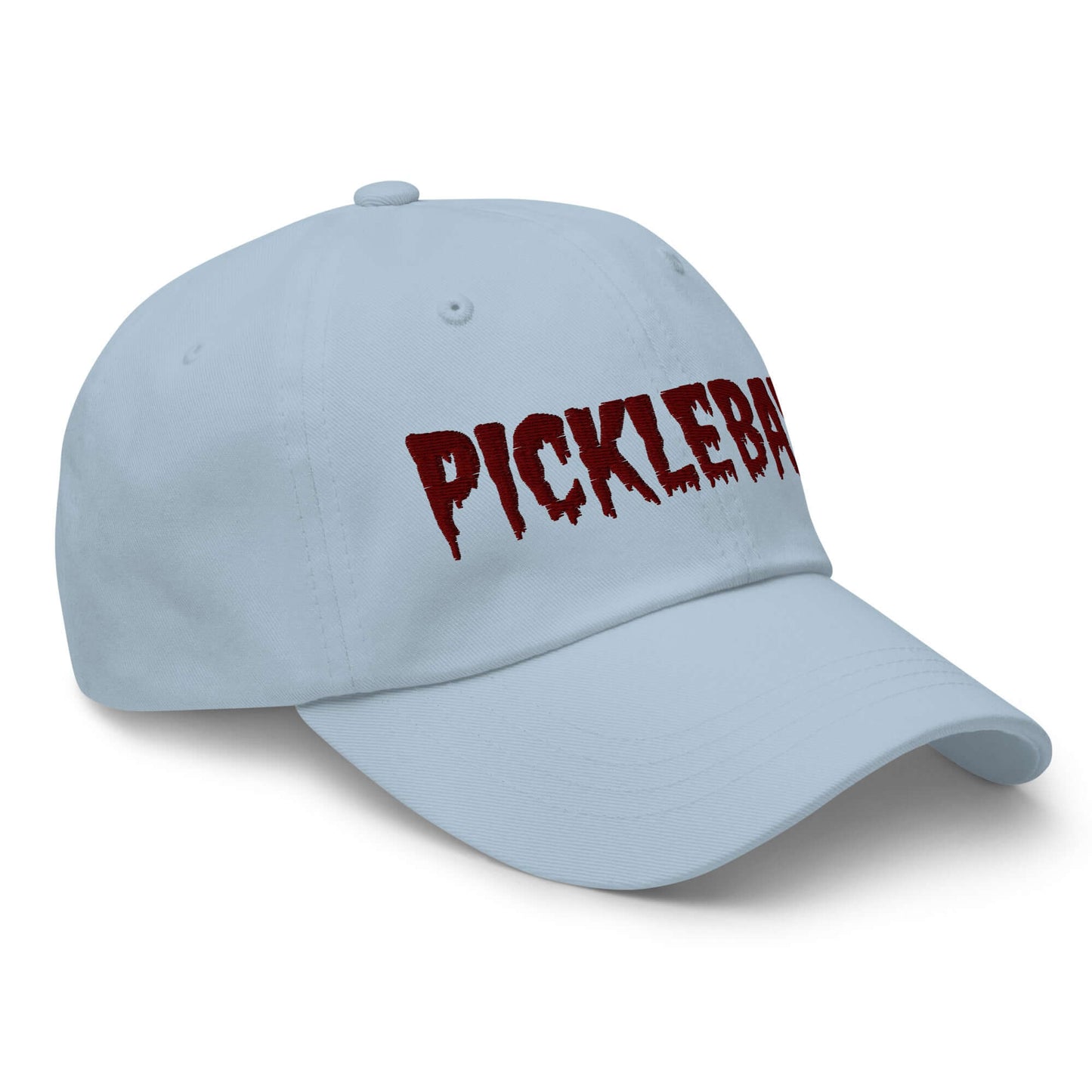 Haunted Pickleball Spirit Hat with maroon spooky font embroidery on light blue cotton twill for stylish and eerie court style.