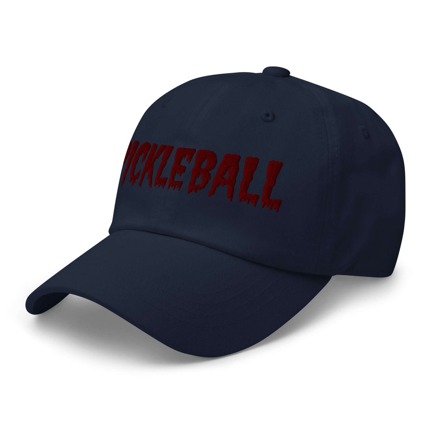 Haunted Pickleball Spirit Hat with maroon eerie font on black chino cotton twill, perfect for spooky style on the court.