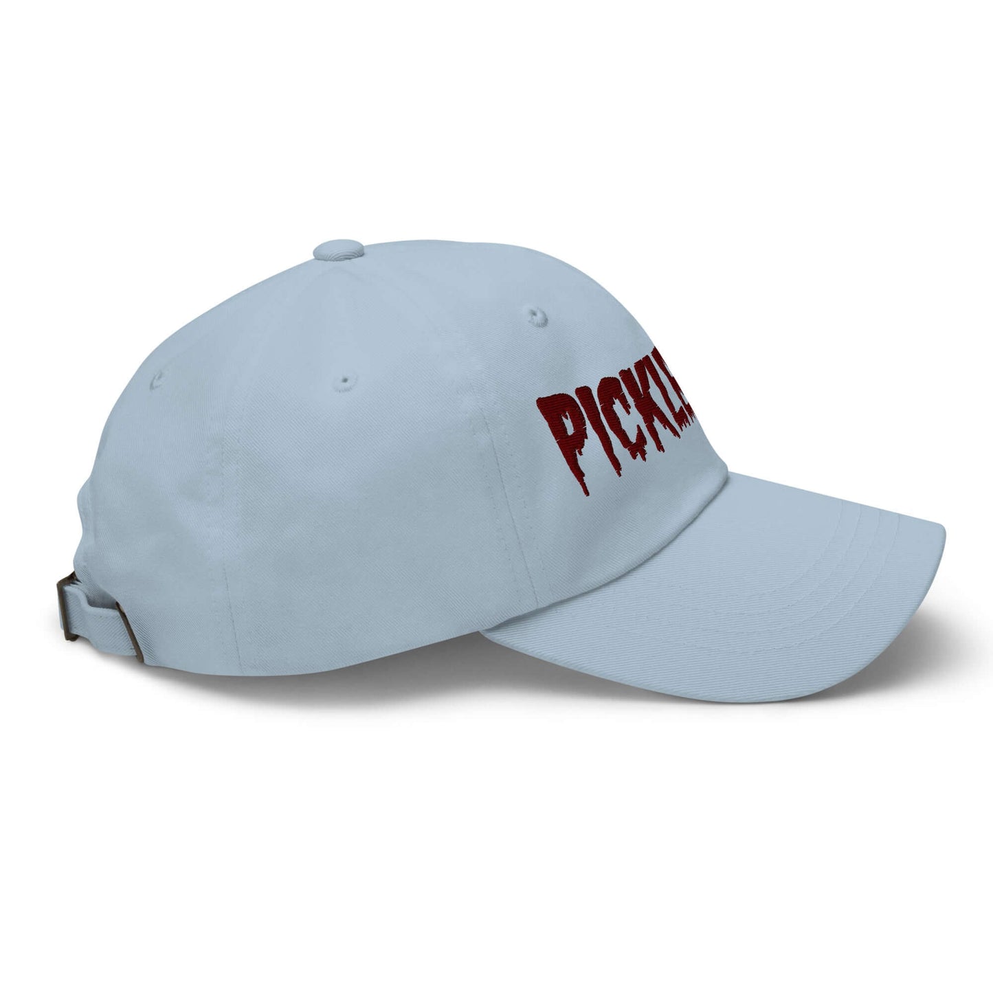 Haunted Pickleball Spirit Hat with maroon embroidery on light blue dad/baseball cap, eerie style for court play.