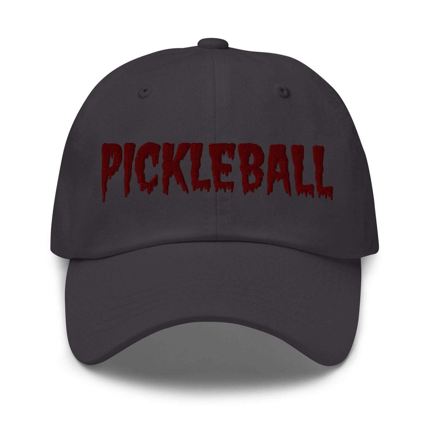 Haunted pickleball spirit hat with maroon spooky font embroidered on black cotton twill, perfect for eerie style on the court.