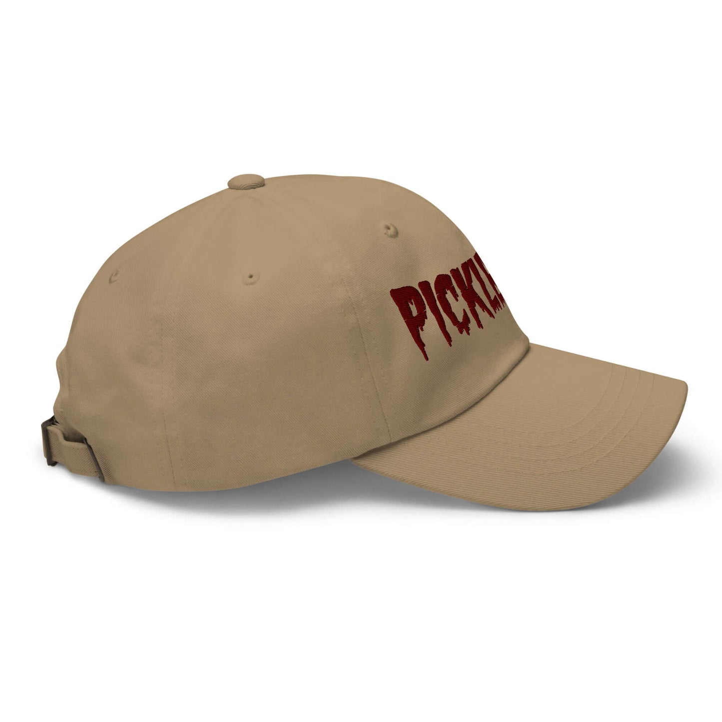 Haunted Pickleball Spirit Hat in khaki with maroon eerie font embroidery. Perfect for adding ghostly flair to your pickleball outfit.
