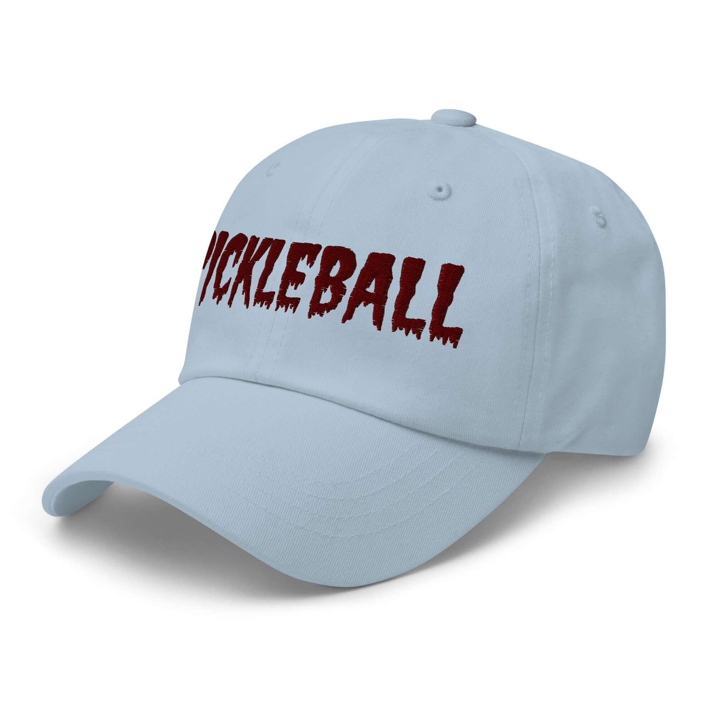 Haunted Pickleball Spirit Hat with maroon eerie font on light blue cotton twill dad cap.