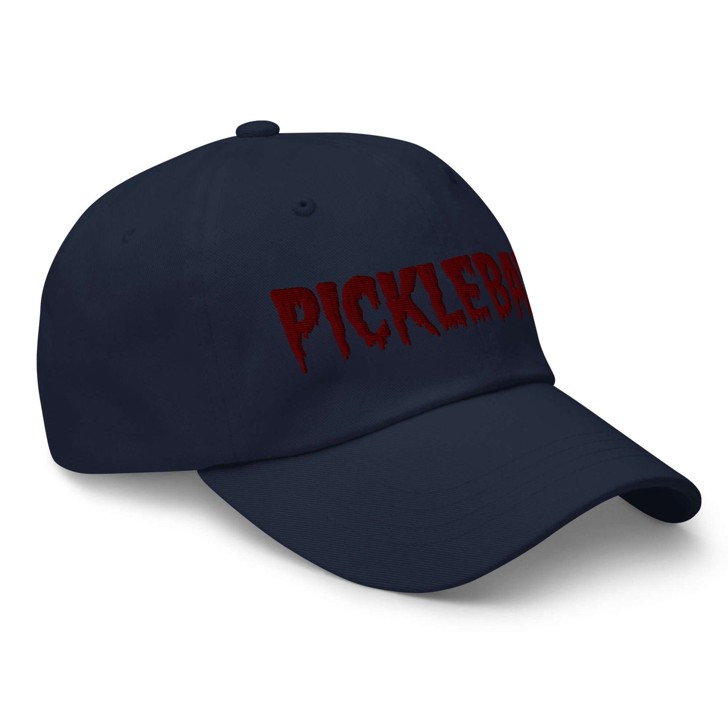 Haunted Pickleball Spirit Hat with maroon spooky font on navy cotton twill, perfect for adding eerie style to your court game.