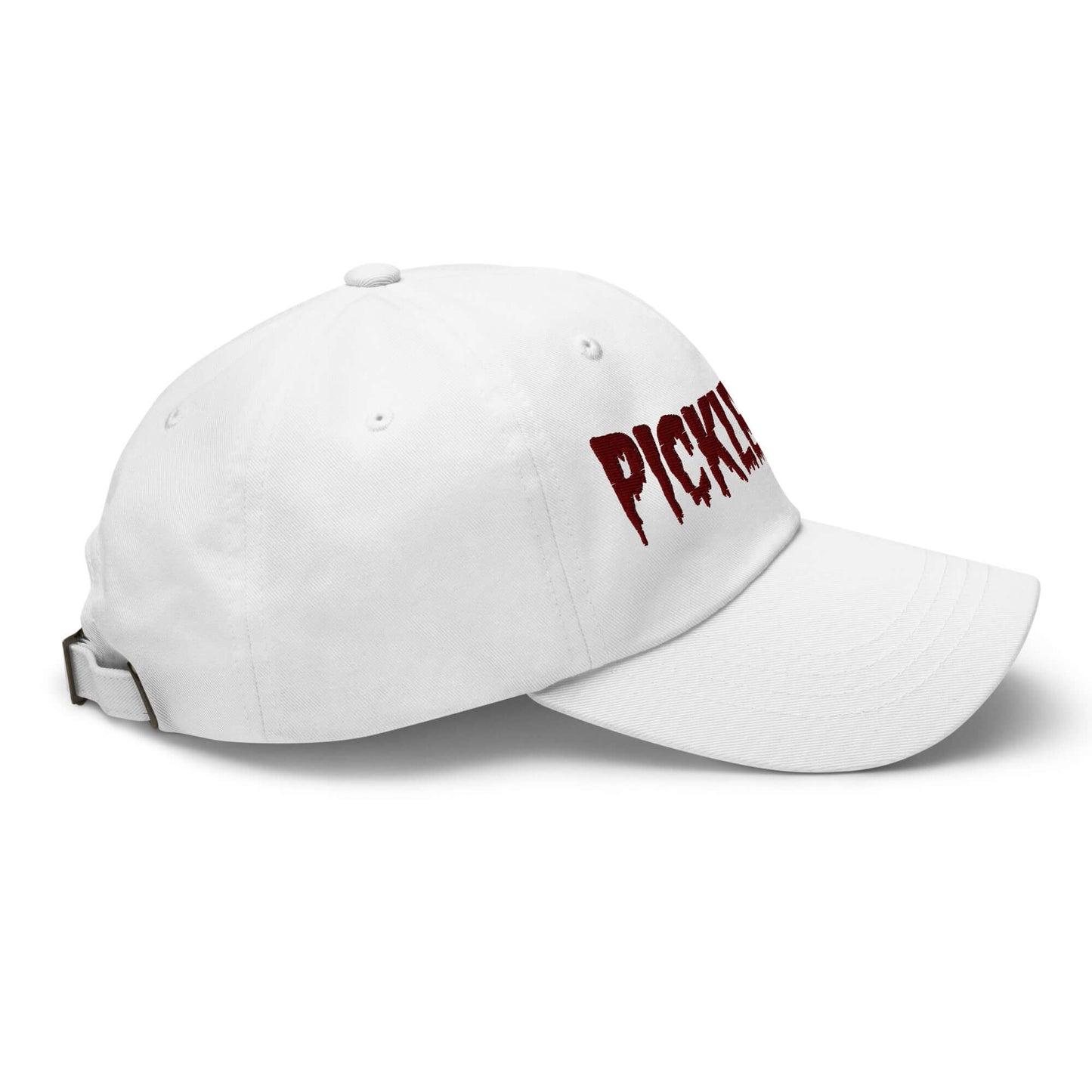 Haunted Pickleball Spirit Hat with maroon spooky embroidery, side view on white cotton twill, eerie style for the court.