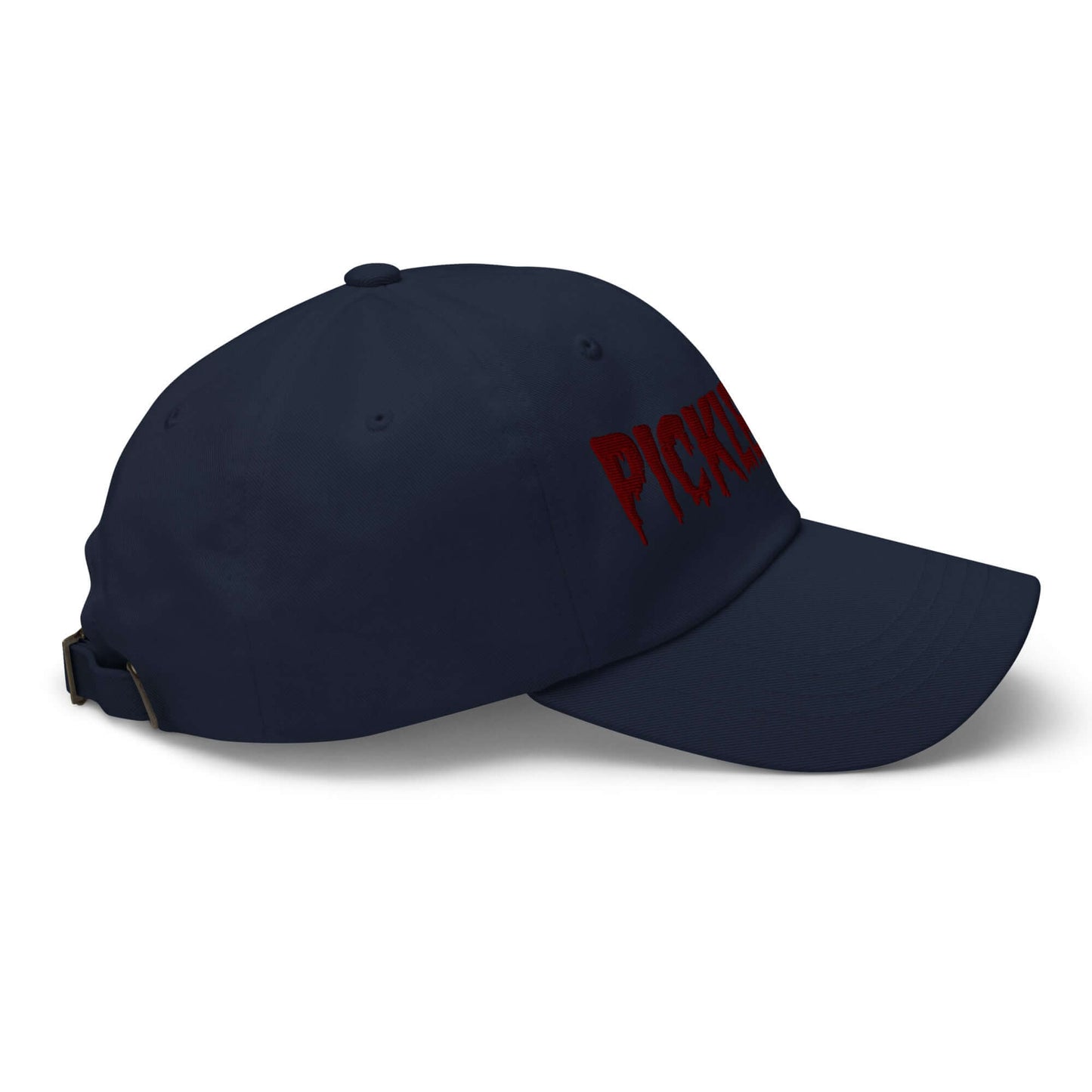 Black baseball cap with maroon "pickleball" in eerie font, perfect for spooky sports style on the court.