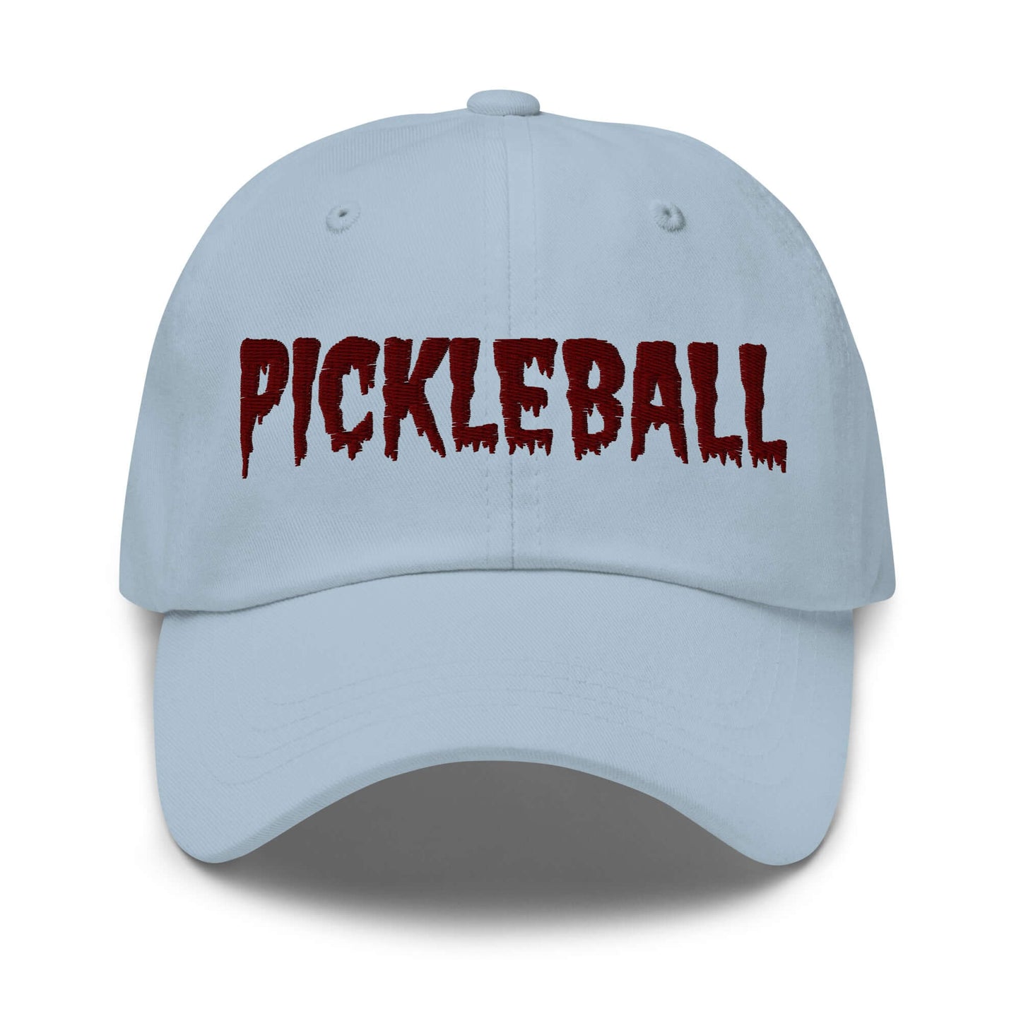 Haunted Pickleball Spirit Hat with maroon embroidery on light blue baseball cap, perfect for adding an eerie style to your sportswear.