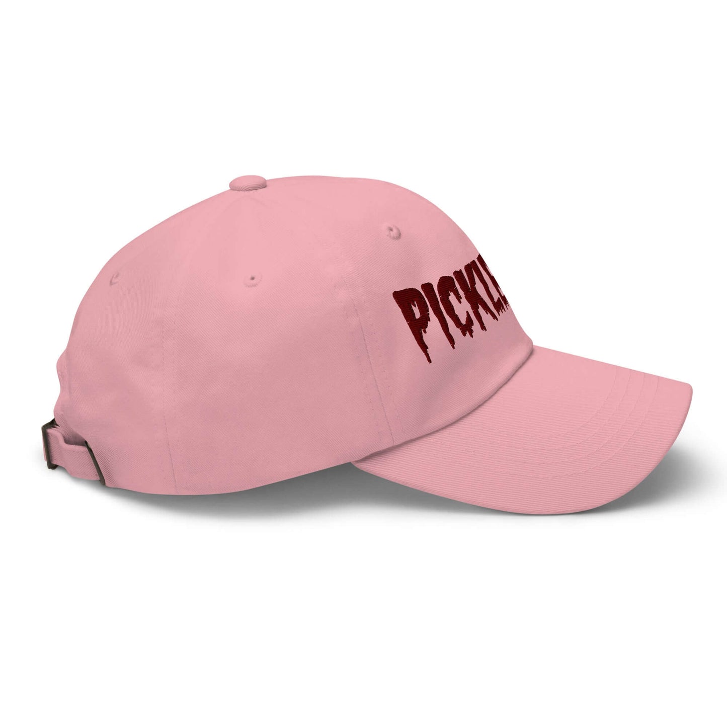 Pink haunted pickleball spirit hat with maroon spooky font embroidery on the side, perfect for adding eerie style to sports attire.