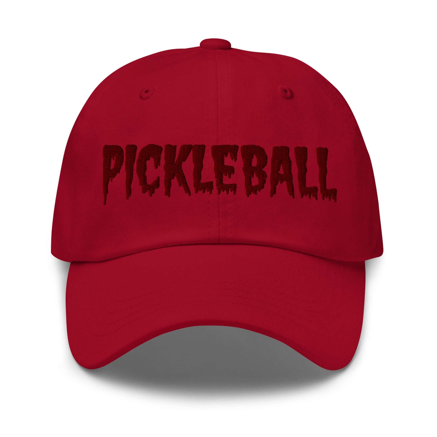 Haunted Pickleball Spirit Hat in maroon with spooky embroidered lettering, perfect for adding eerie style to your pickleball game.