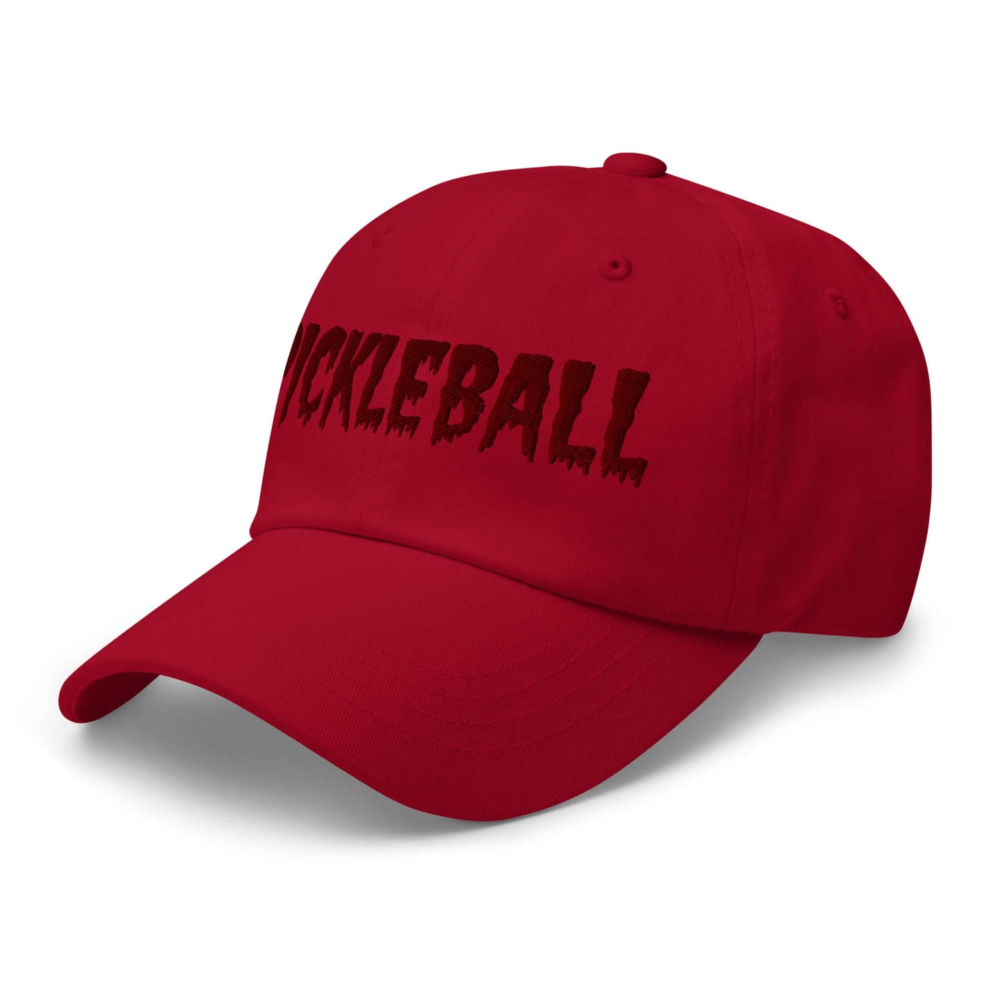 Red Haunted Pickleball Spirit Hat with maroon spooky font embroidered, perfect for adding an eerie flair to your pickleball outfit.