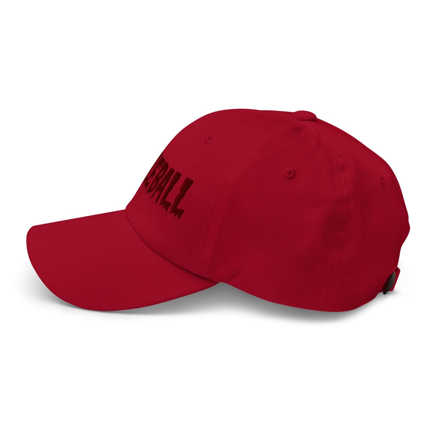Red haunted pickleball hat with maroon spooky embroidery, perfect for adding eerie style to your game on the court.