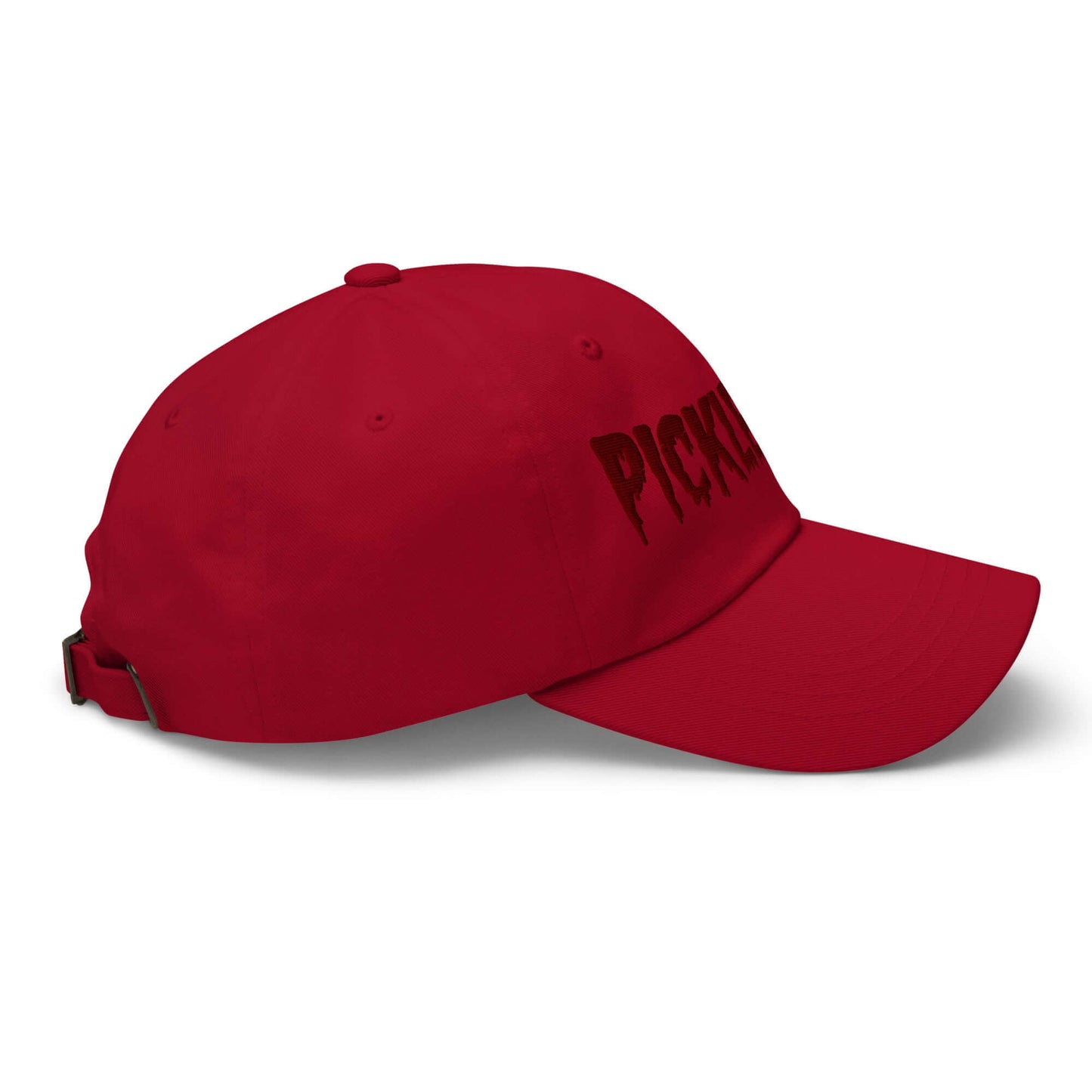 Red haunted pickleball hat with eerie maroon embroidery, perfect for spooky style on the court.