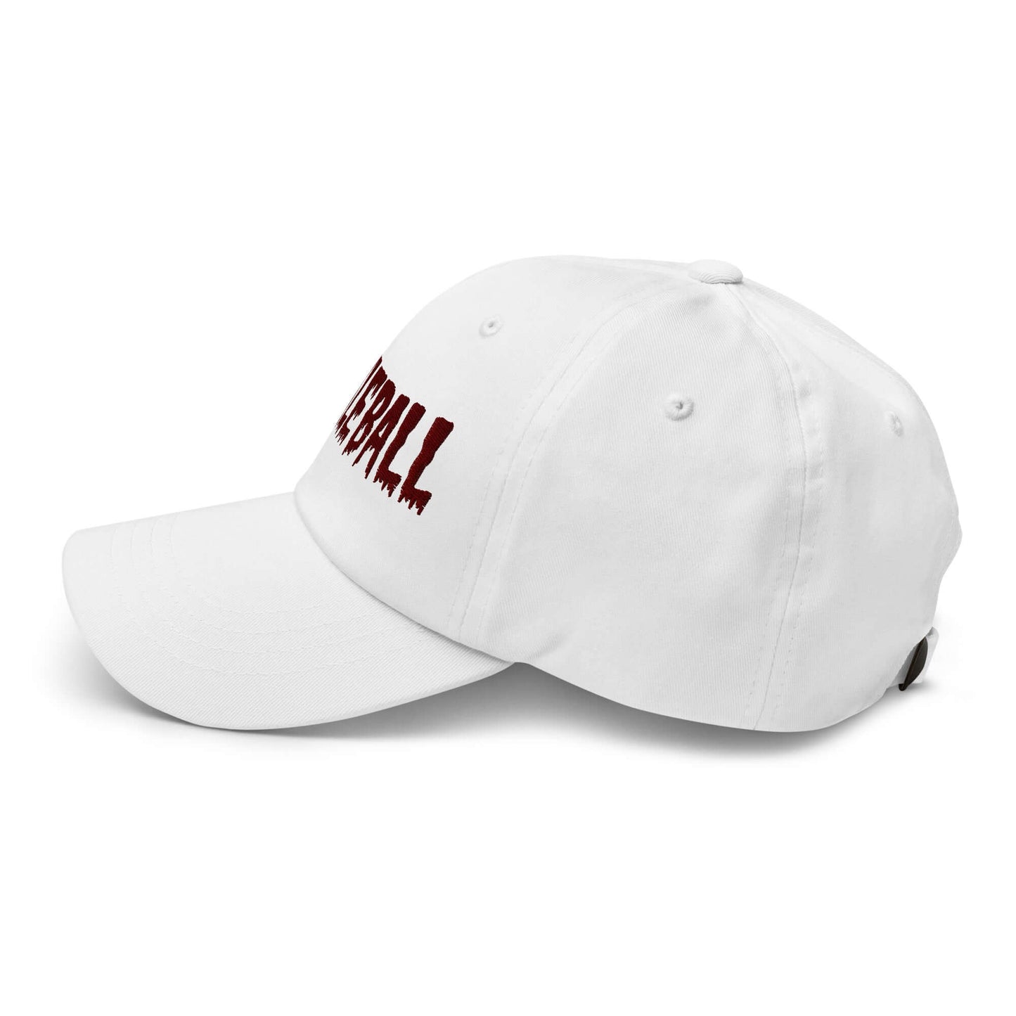 White haunted pickleball spirit hat with maroon embroidered spooky font on the side, made from 100% chino cotton twill.