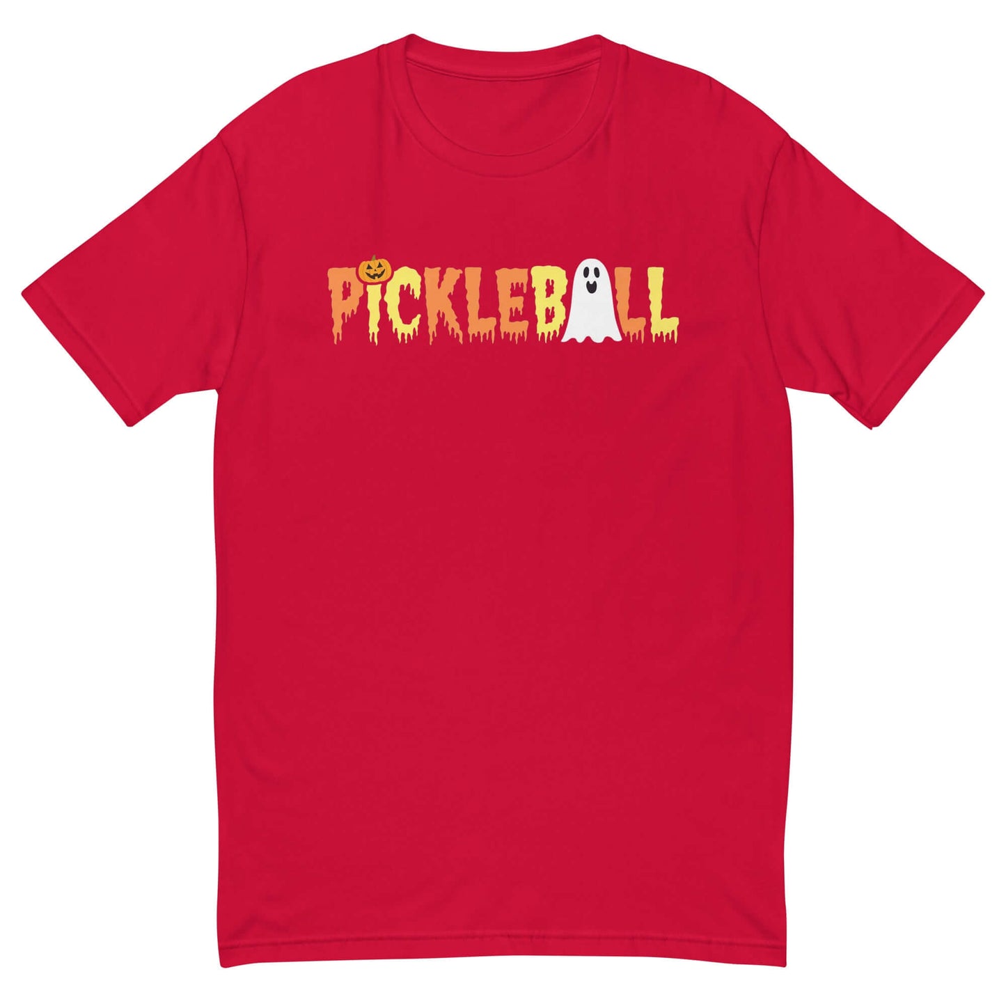 Halloween Pickleball T-shirt with jack-o-lantern and ghost design, featuring spooky orange and yellow letters on a red background.