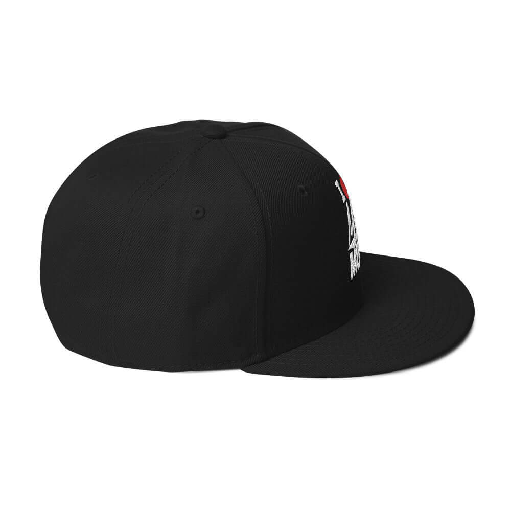 right side of Ronnie Mac 69's I Heart Moto Mom's Embroidered Snapback Hat (black)