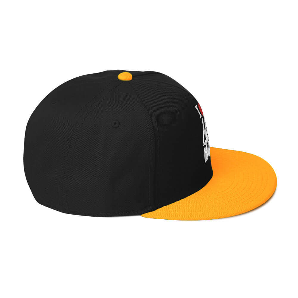 right side of Ronnie Mac 69's I Heart Moto Mom's Embroidered Snapback Hat (gold/Black)