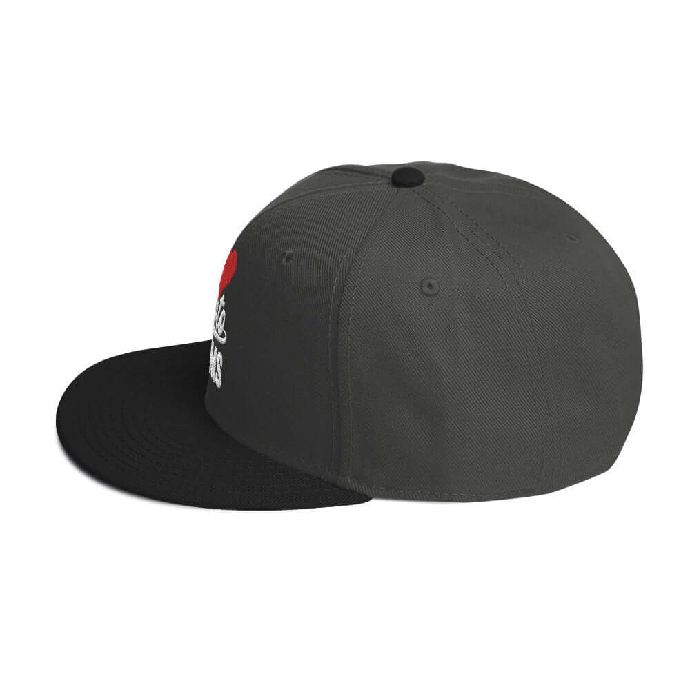 left side of Ronnie Mac 69's I Heart Moto Mom's Embroidered Snapback Hat (gray/charcoal)