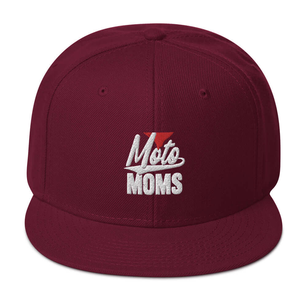 front side of Ronnie Mac 69's I Heart Moto Mom's Embroidered Snapback Hat (maroon) -1