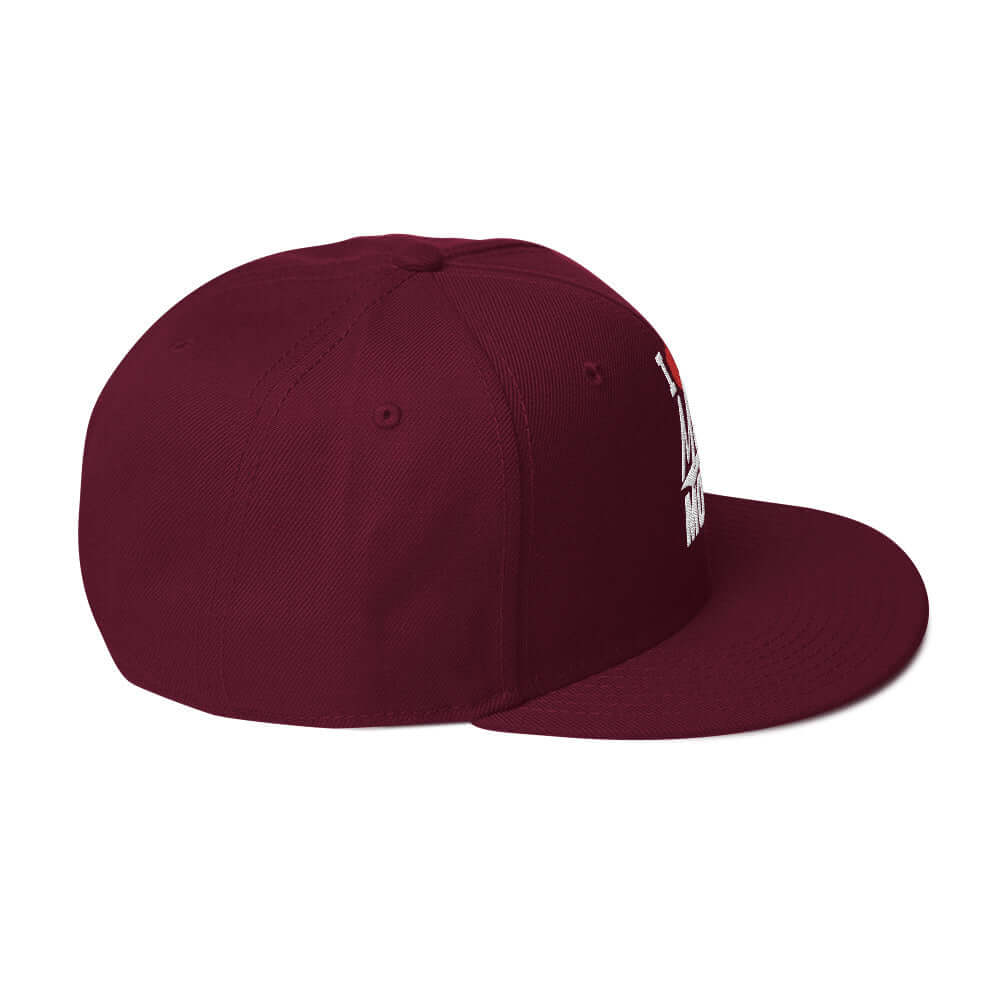 right side of Ronnie Mac 69's I Heart Moto Mom's Embroidered Snapback Hat (maroon)