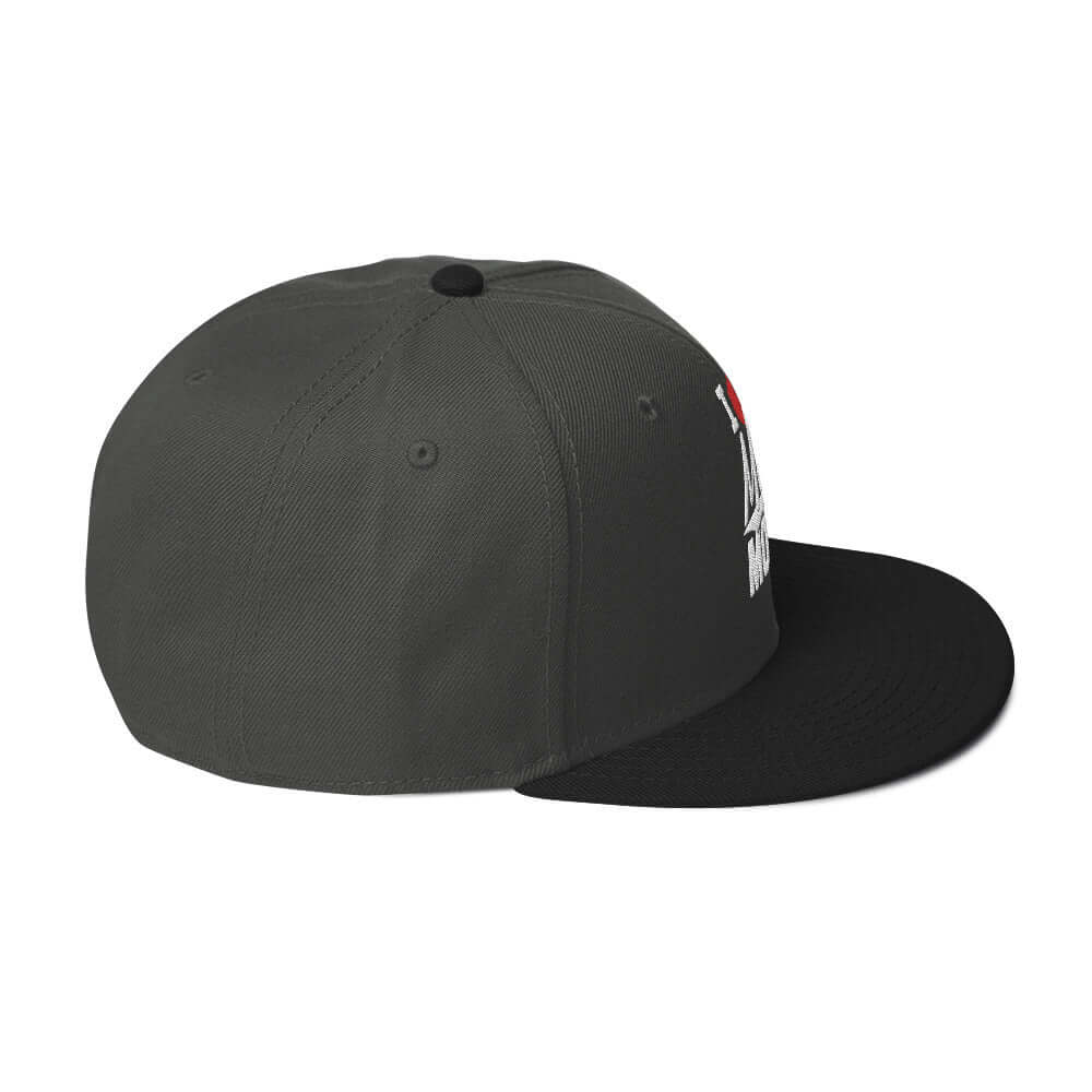 right side of Ronnie Mac 69's I Heart Moto Mom's Embroidered Snapback Hat (gray/charcoal)