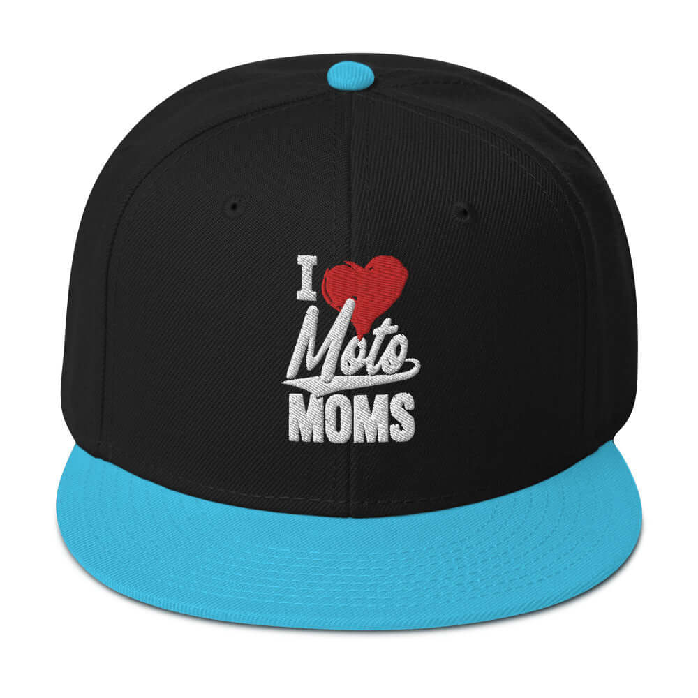 front side of Ronnie Mac 69's I Heart Moto Mom's Embroidered Snapback Hat (aqua blue/Black)