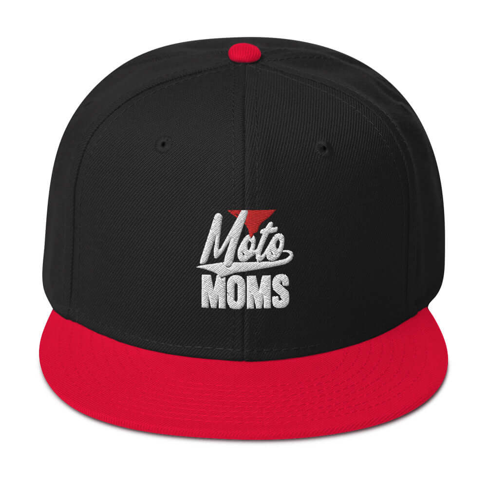 front side of Ronnie Mac 69's I Heart Moto Mom's Embroidered Snapback Hat (Red/Black) -1