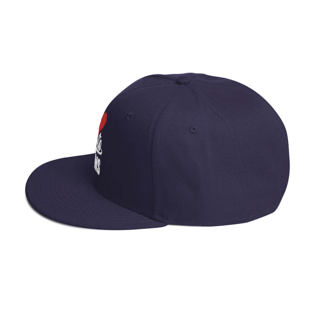 left side of Ronnie Mac 69's I Heart Moto Mom's Embroidered Snapback Hat (navy)