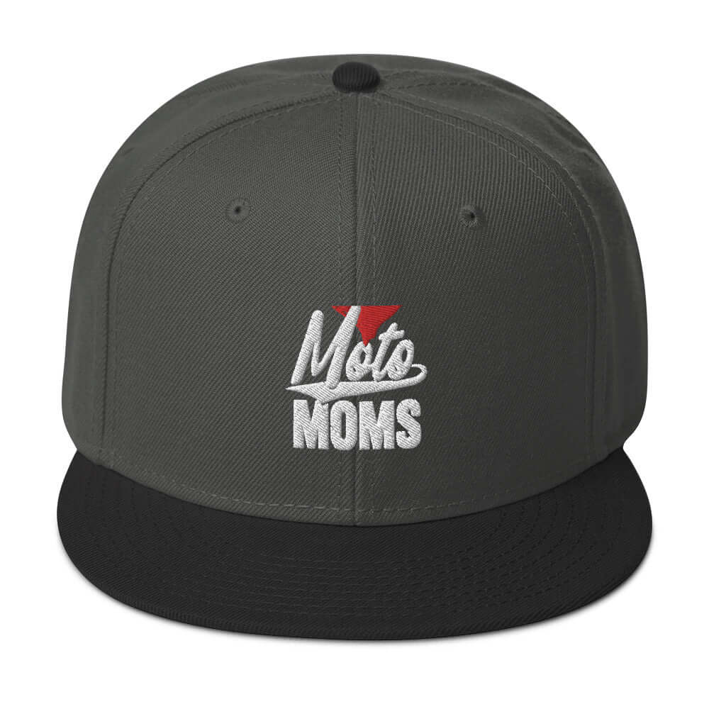 front side of Ronnie Mac 69's I Heart Moto Mom's Embroidered Snapback Hat (gray/charcoal) -1