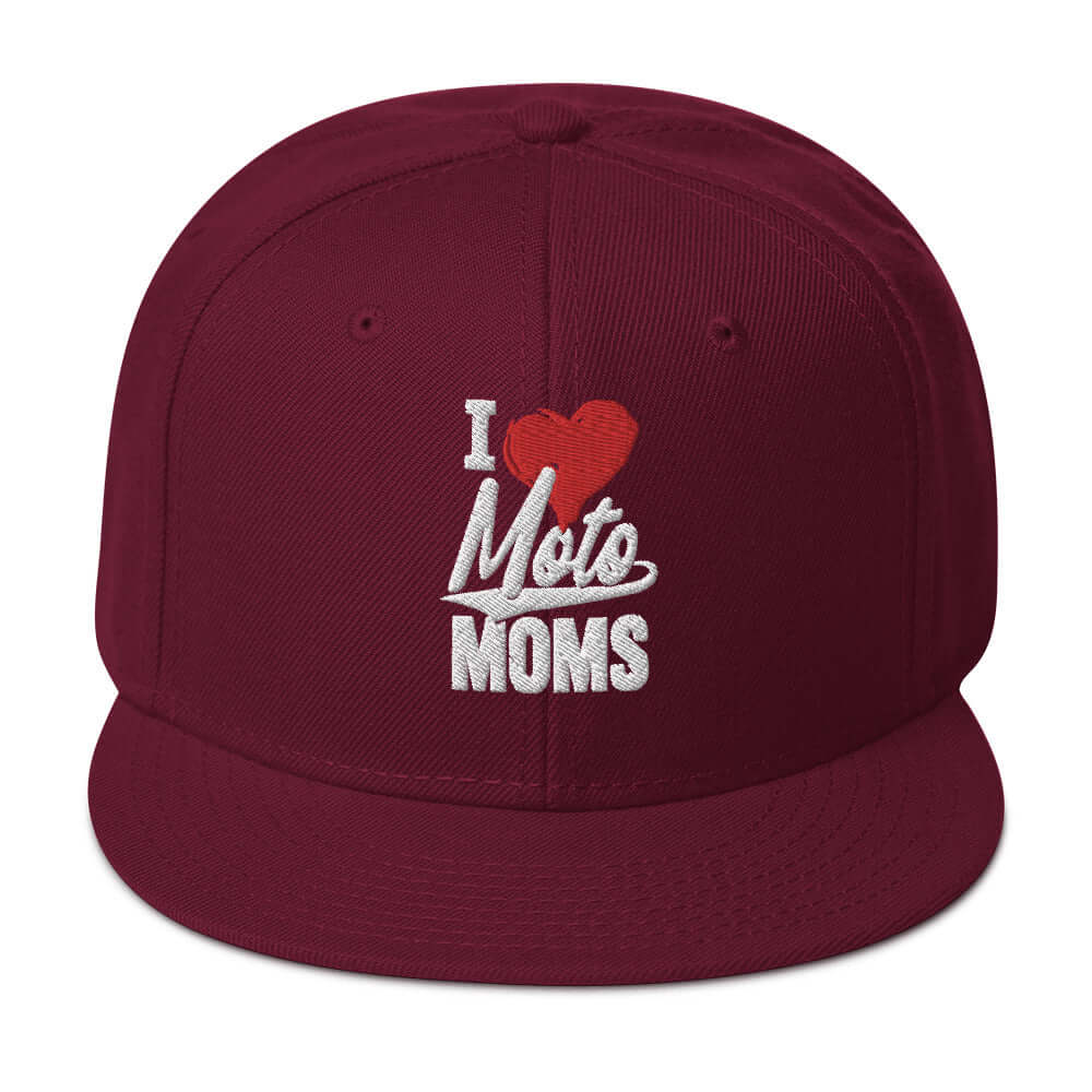 front side of Ronnie Mac 69's I Heart Moto Mom's Embroidered Snapback Hat (maroon)