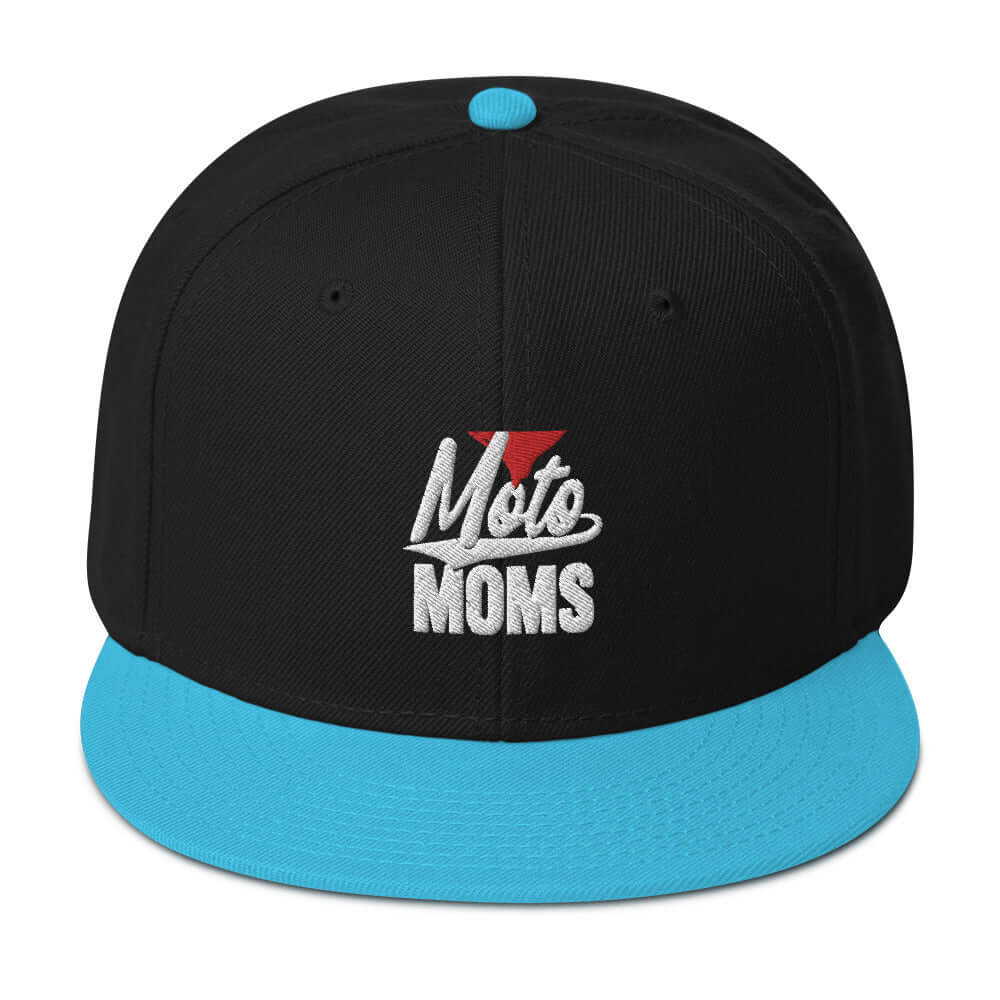 front side of Ronnie Mac 69's I Heart Moto Mom's Embroidered Snapback Hat (aqua blue/Black) -1
