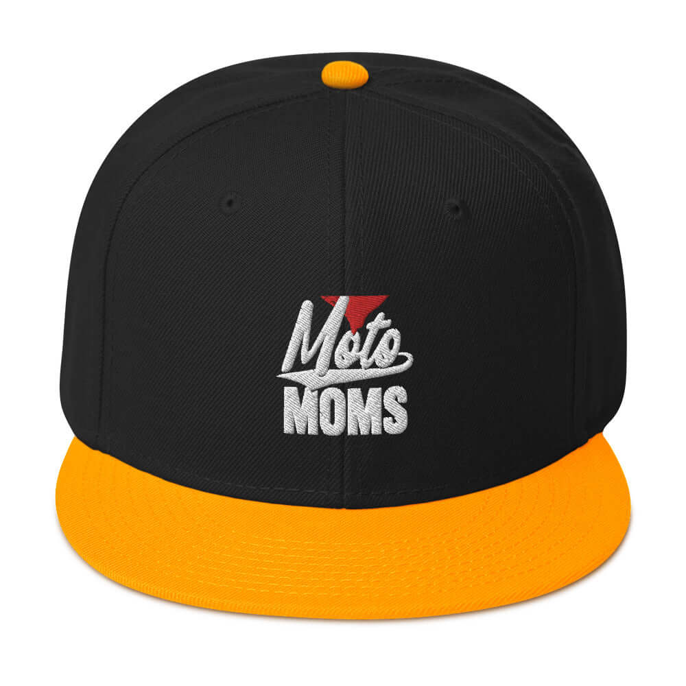 front side of Ronnie Mac 69's I Heart Moto Mom's Embroidered Snapback Hat (gold/Black) -1