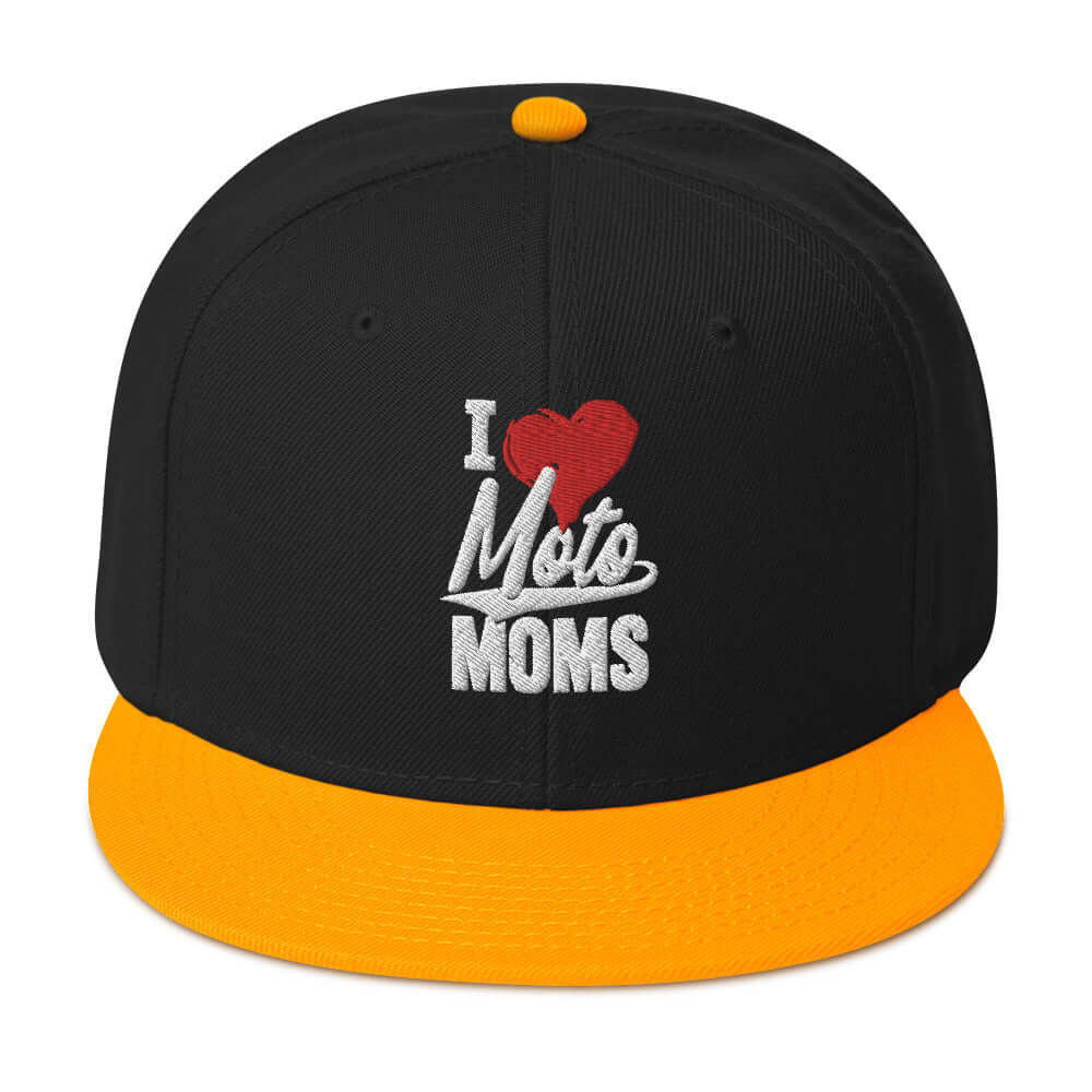 front side of Ronnie Mac 69's I Heart Moto Mom's Embroidered Snapback Hat (gold/Black)