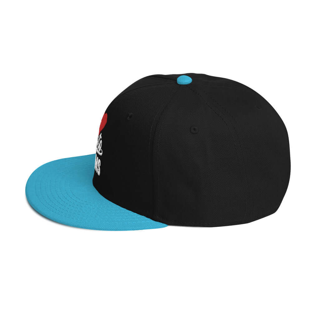 left side of Ronnie Mac 69's I Heart Moto Mom's Embroidered Snapback Hat (aqua blue/Black)