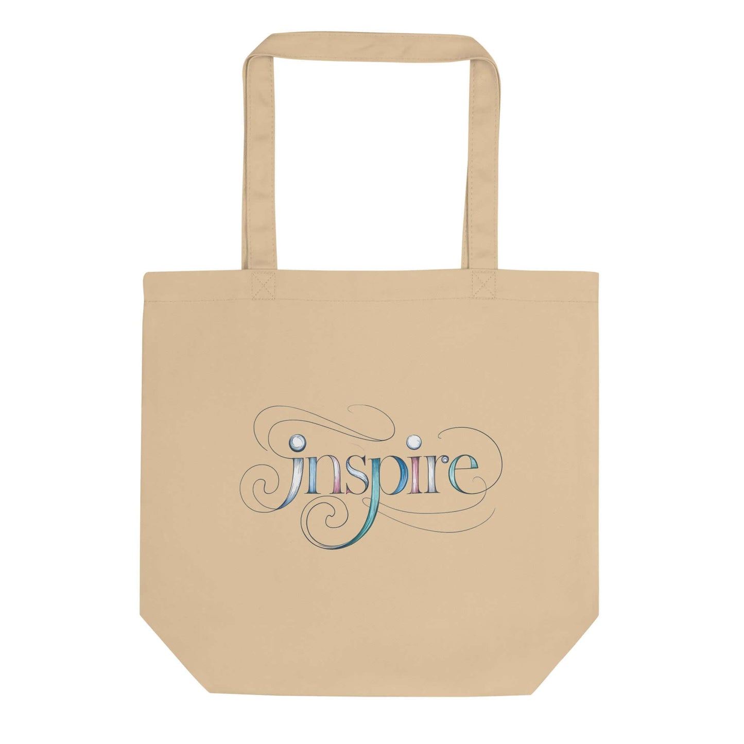 Inspire Sketch Eco Tote Bag featuring elegant word art design with swirling letters on a beige background.