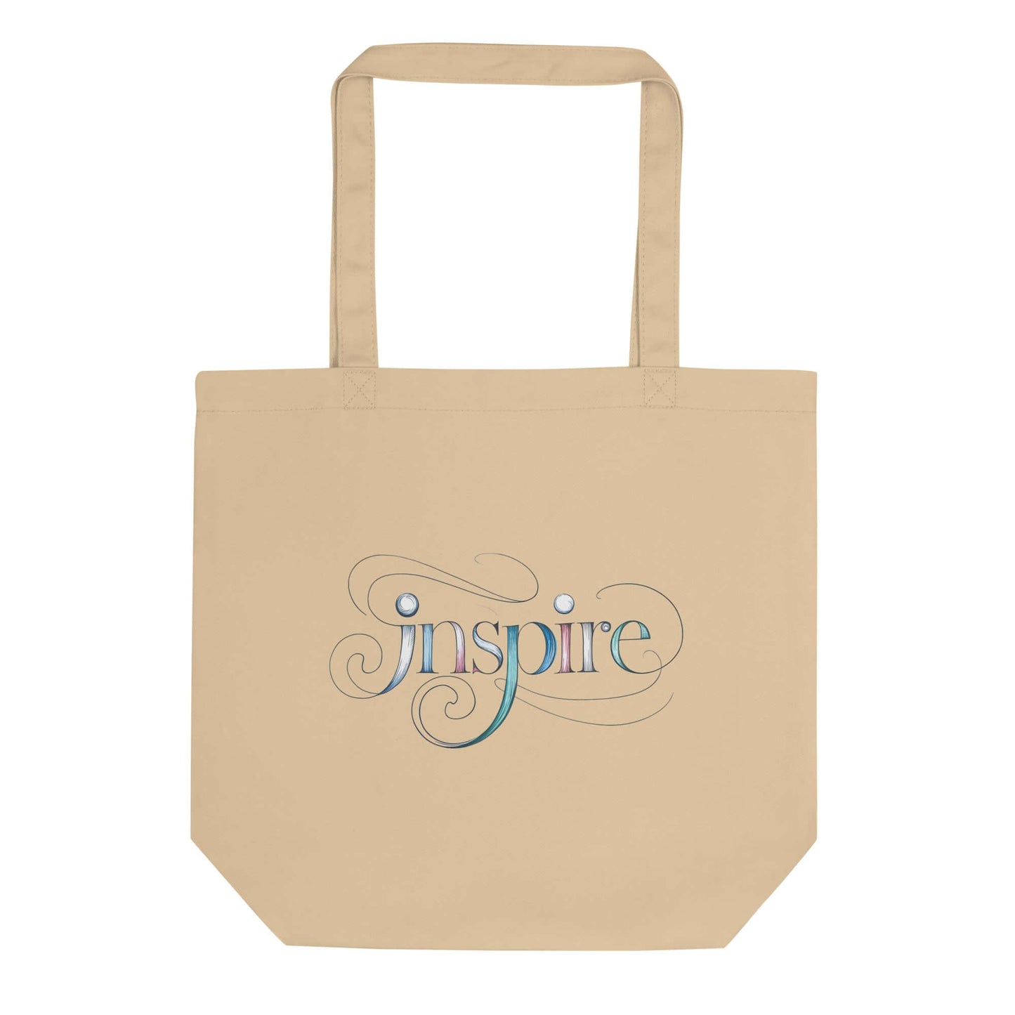 Inspire Sketch Eco Tote Bag featuring elegant word art design with flowing letters and intricate patterns.