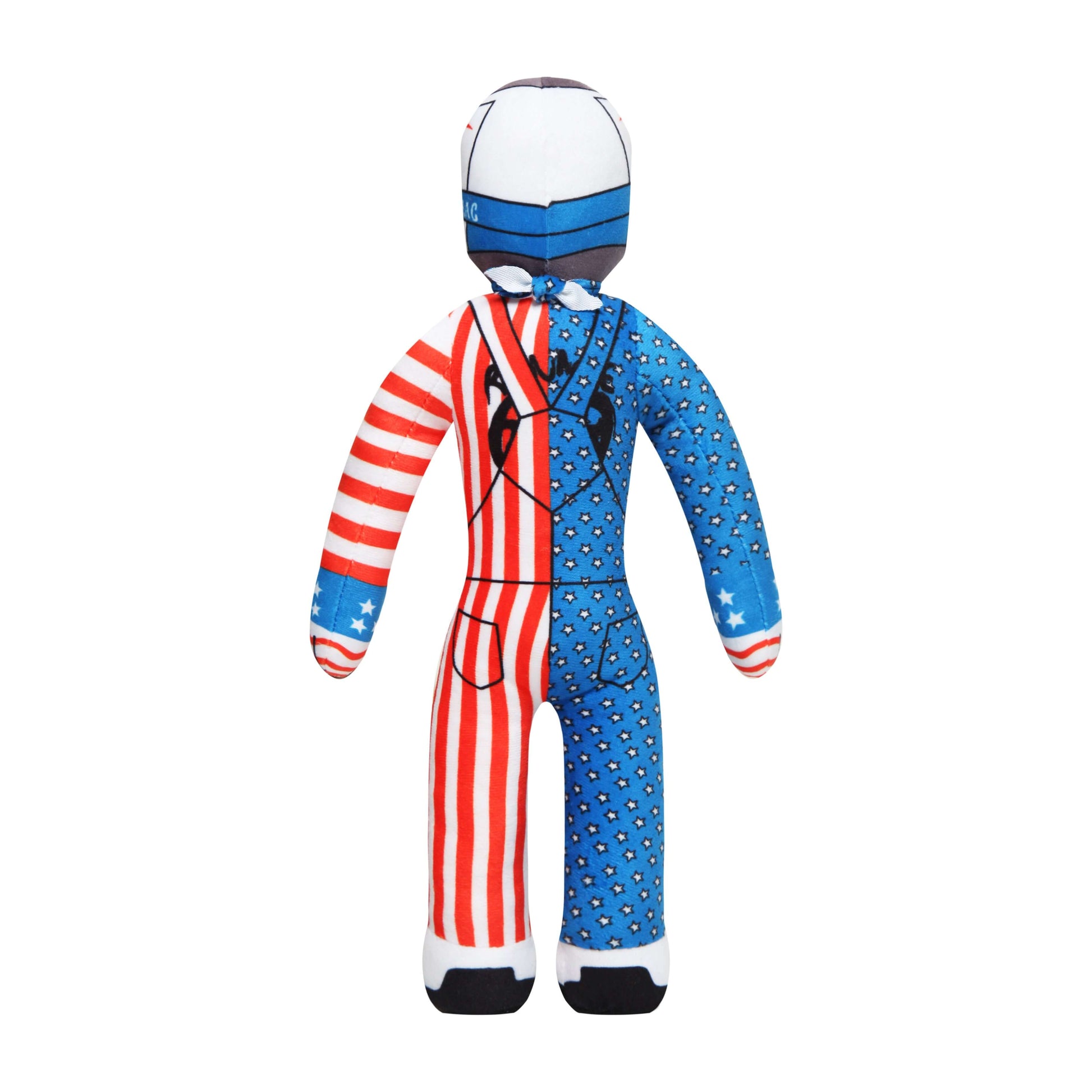 Lil Ronnie Merica Plush doll in red, white, and blue patriotic outfit with star and stripe patterns, standing upright.