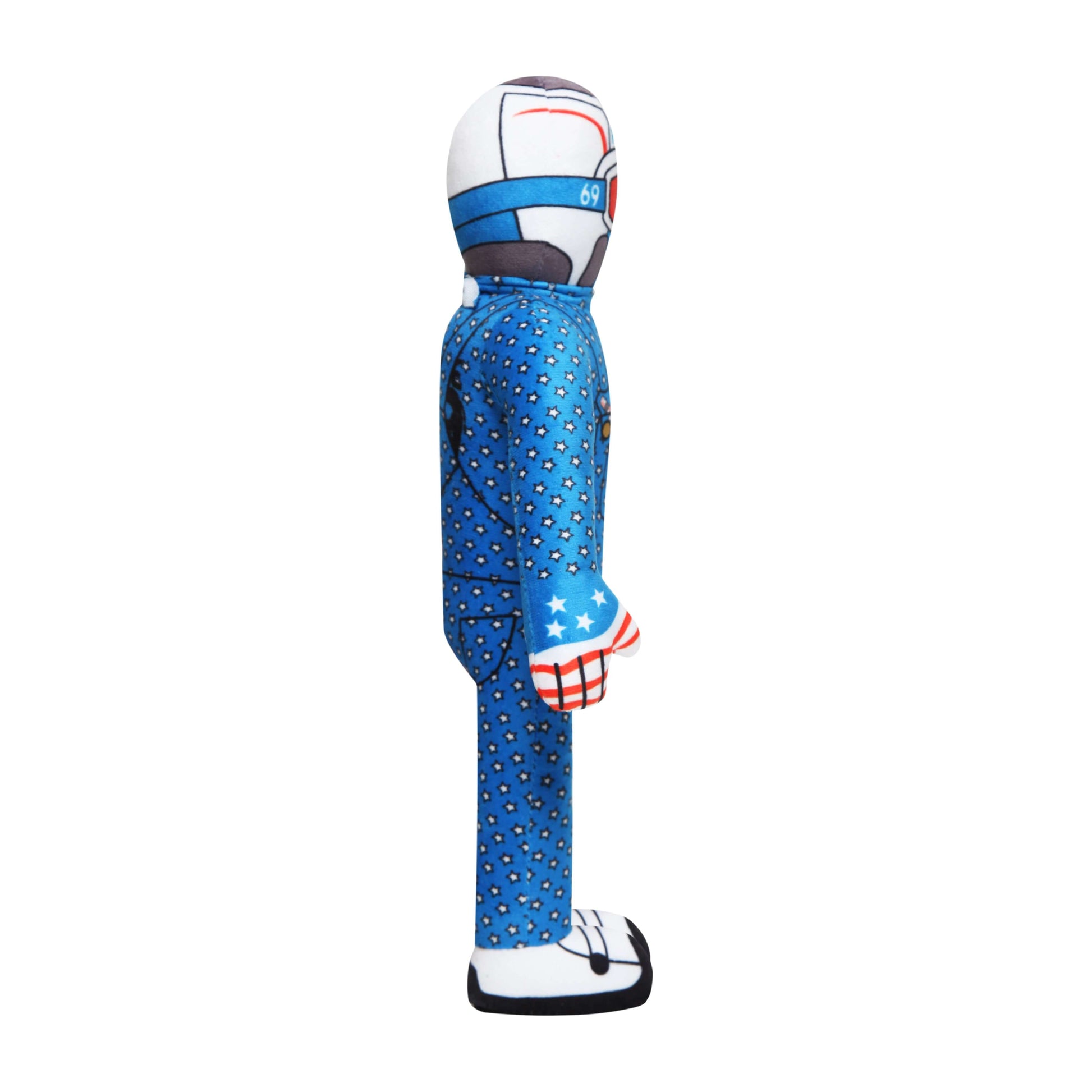 Lil Ronnie Merica Plush toy in blue outfit, side view, featuring a playful mischief theme. Perfect for gifting and snuggling.