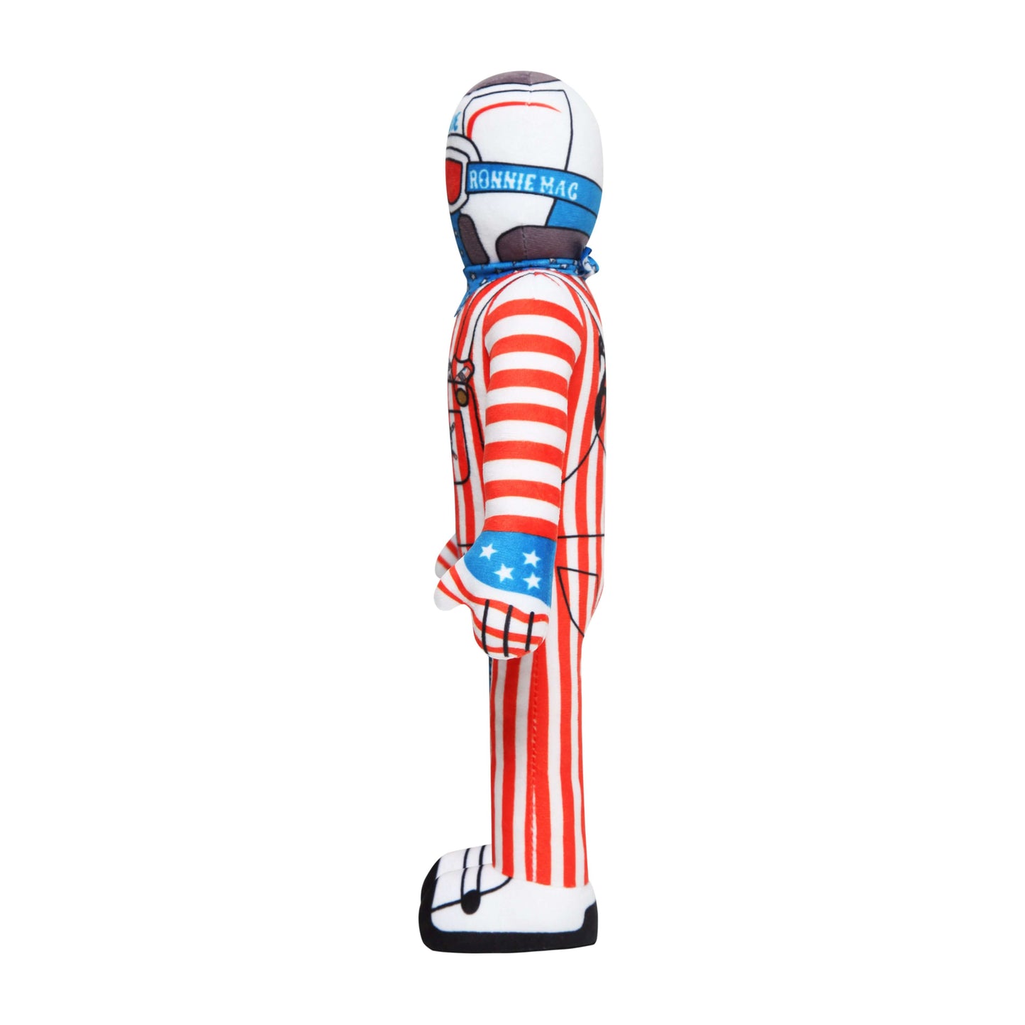 Lil Ronnie Merica plush toy in red, white, and blue stripes standing upright, side view.