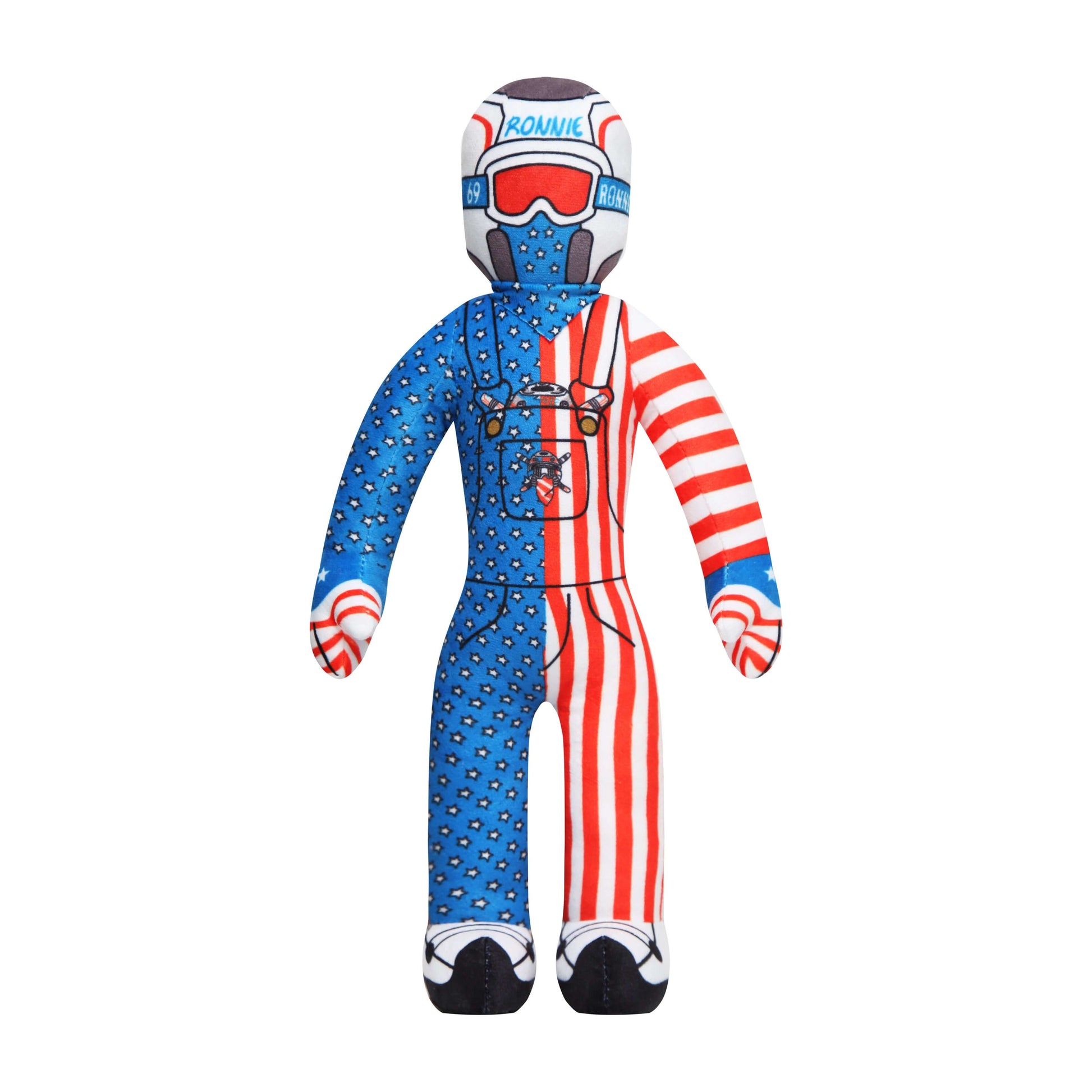 Lil Ronnie Merica Plush toy in patriotic stars and stripes outfit, looking mischievous and ready for trouble.