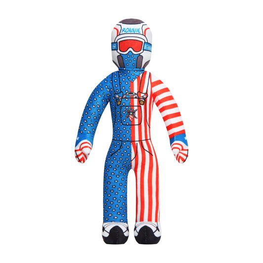 Lil Ronnie Merica Plush toy in patriotic stars and stripes outfit, looking mischievous and ready for trouble.
