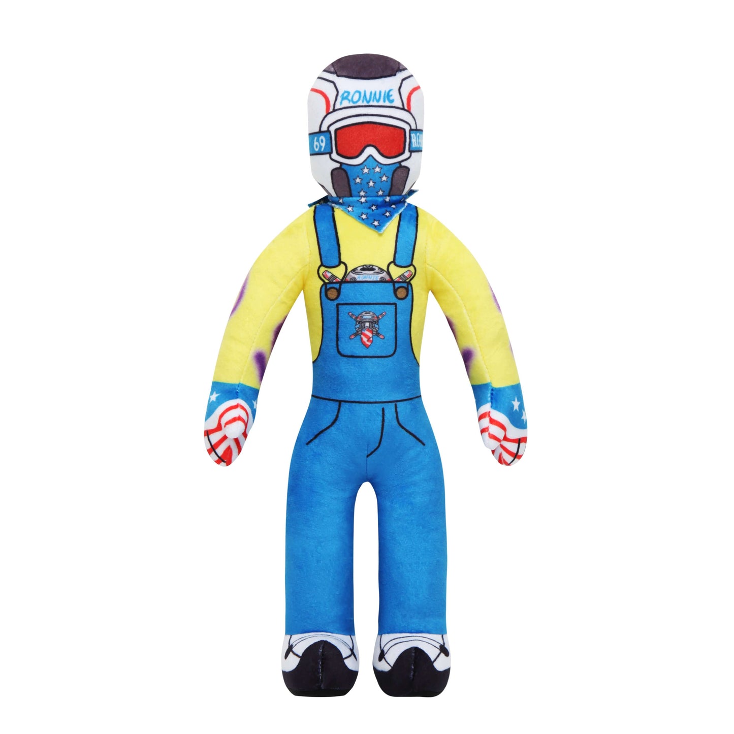 Lil Ronnie Plush toy in blue overalls and yellow shirt, featuring a mischievous design with unique helmet and playful eyes.