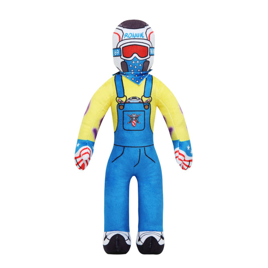 Lil Ronnie Plush toy in blue overalls and yellow shirt, featuring a mischievous design with unique helmet and playful eyes.