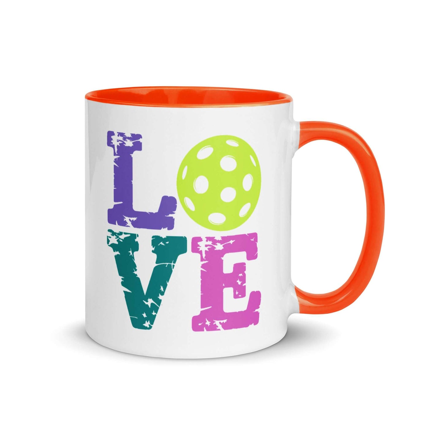 LOVE Pickleball Accent Mug with colorful design and polka dot ball, perfect for coffee lovers and pickleball enthusiasts.